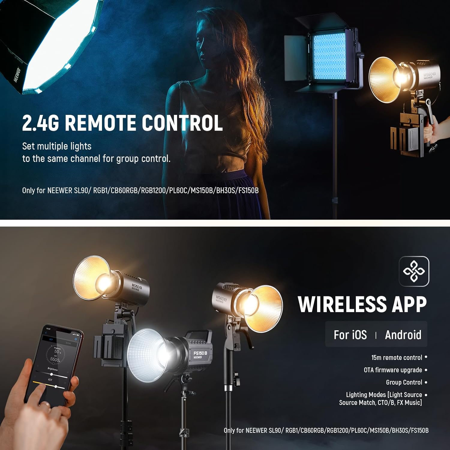 NEEWER MS60B LED Video Light 2.4G/APP Control, 65W Metal Mini Compact COB Continuous Output Lighting Spotlight 2700K-6500K, 40000lux@1m, CRI 97+/TLCI 98+, 12 Effects, PWM Dimming, Bowens Mount, Silver