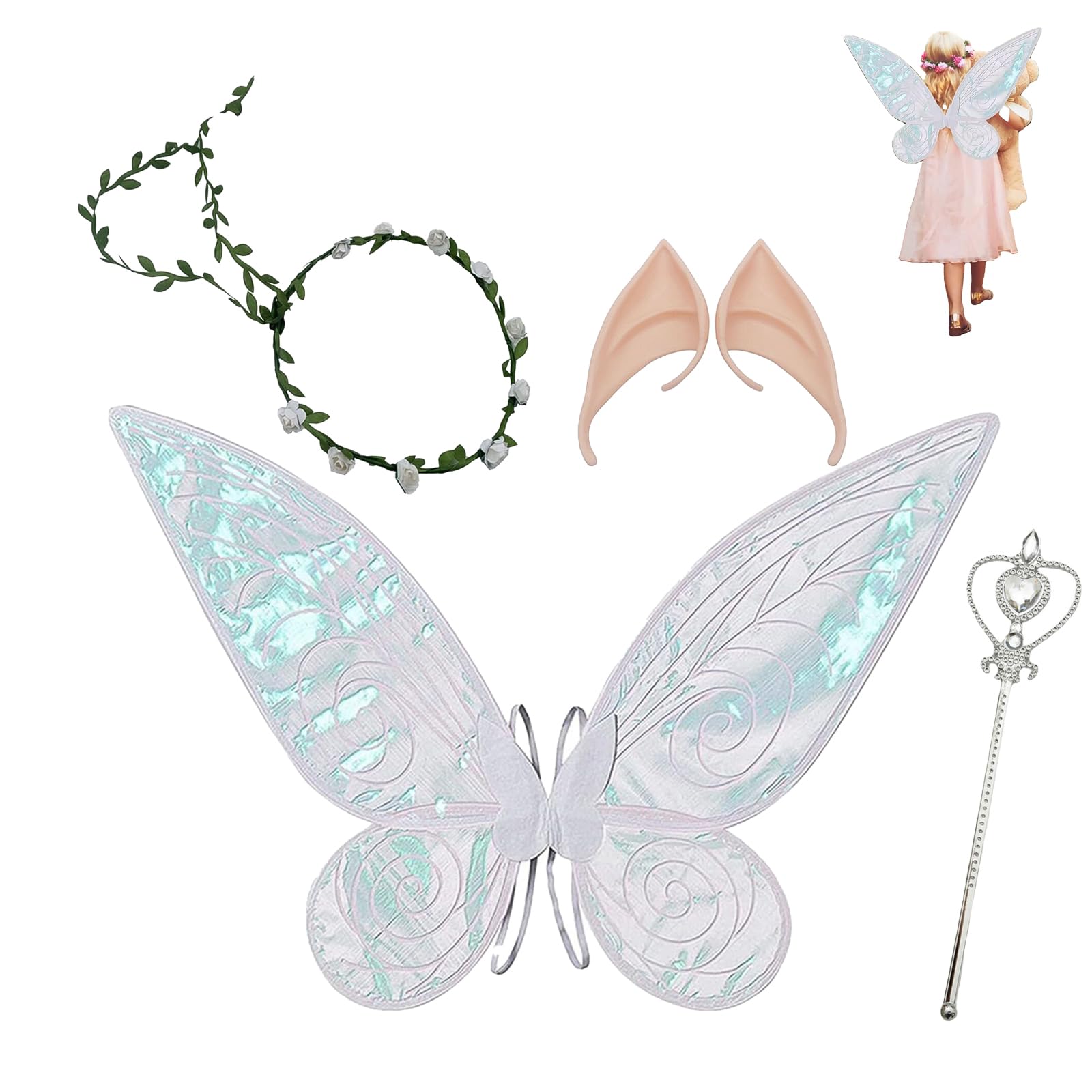 Costume De Fée Complet 5 Pièces : Ailes, Bandeau, Oreilles, Strass, Baguette - Pour Femme Et Enfant - Vert - Halloween, Anniversaire
