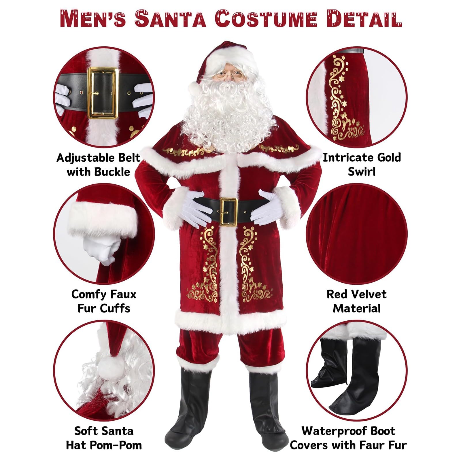 12pcs Costume de père noël Ensemble, noël Grande Taille Costume, père noël en Velours de Luxe pour Hommes Adultes Adolescent M - 5XL, Costume de Père Noël pour Hommes