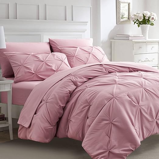Ubauba 5pc Twin Size Comforter Set with Sheets, Pink Pintuck 5 Piece Bed in a Bag with Comforter, All Season Pinched Bedding Comforters & Sets (Pink,Twin)