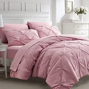 Ubauba 5pc Twin Size Comforter Set with Sheets, Pink Pintuck 5 Piece Bed in a Bag with Comforter, All Season Pinched Bedding Comforters & Sets (Pink,Twin)