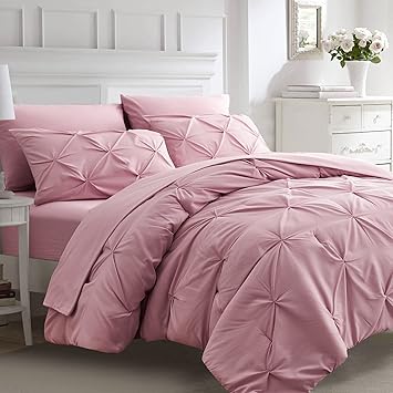 Ubauba 5pc Twin Size Comforter Set with Sheets, Pink Pintuck 5 Piece Bed in a Bag with Comforter, All Season Pinched Bedding Comforters & Sets (Pink,Twin)