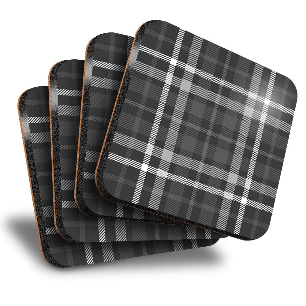 Destination Vinyl Ltd Great Coasters (Set of 4) Square - BW - Scottish Teal Tartan Scotland Drink Glossy Coasters/Tabletop Protection for Any Table Type #35088