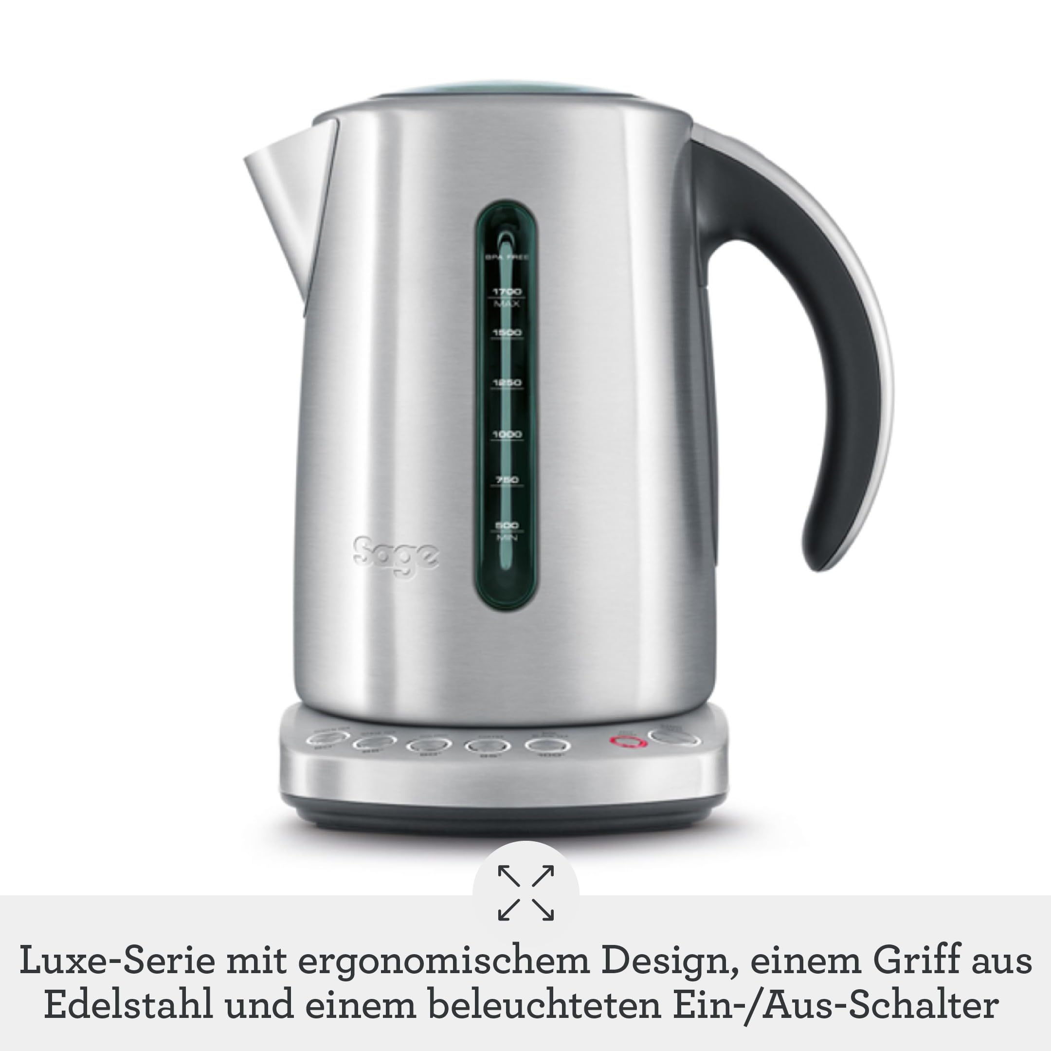 Sage The Smart Kettle, Leiser, kabelloser, Gebürsteter Edelstahl | Leiser, kabelloser elektrischer Wasserkocher, 1,7L Fassungsvermögen, Schnelles Aufkochen, 2400 Watt, 5 Einstellungen
