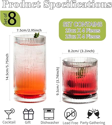 Miniatura 4 de KEMORELA Juego de 8 vasos para beber, cristalería acanalada, cristalería acanalada, 4 vasos acanalados de 16 onzas y 4 vasos de whisky de 13 onzas,