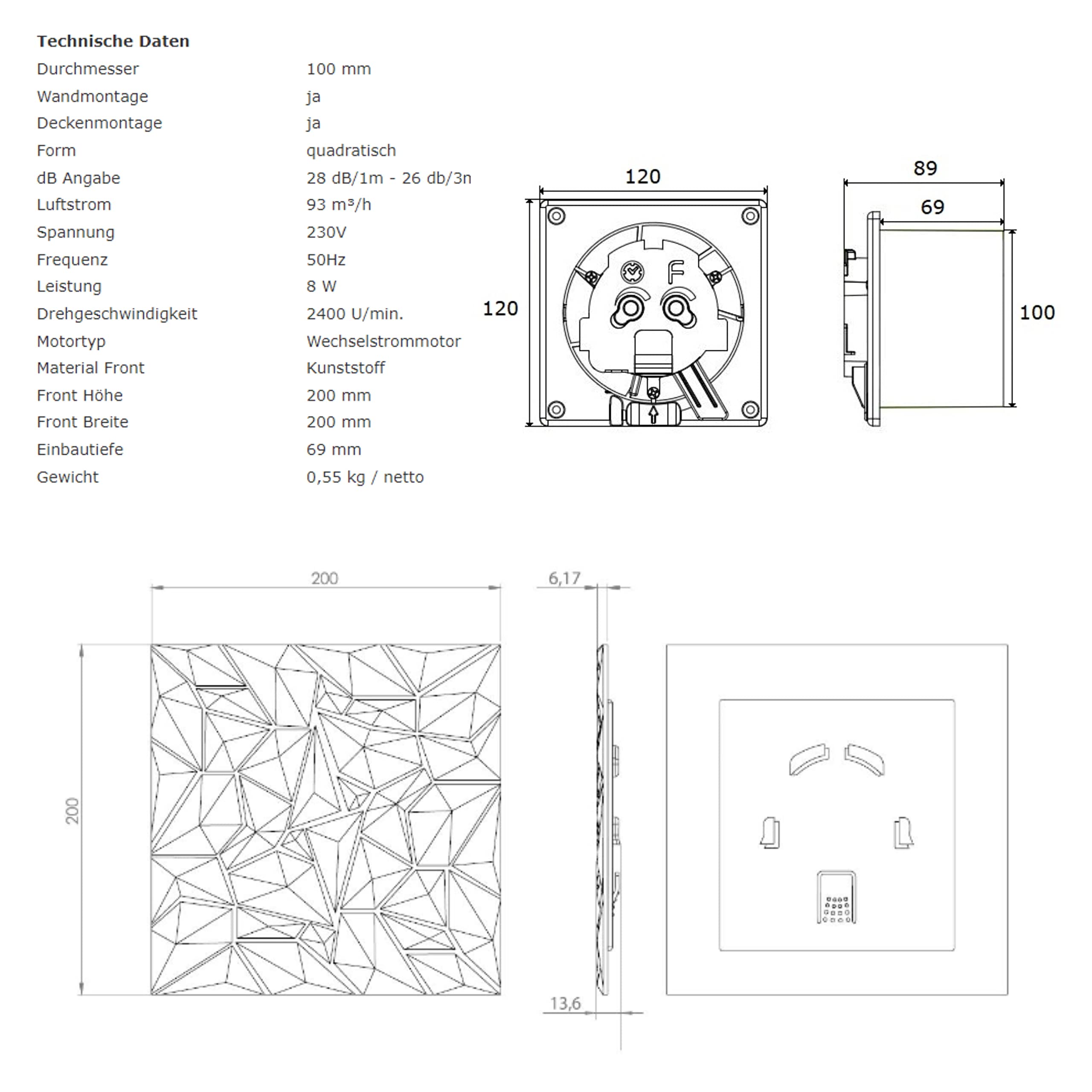 Badlüfter Wohnraumlüfter Diamant Panel anthrazit Ø 100 mm Nachlauf Einschaltverzögert mit Rückstauklappe