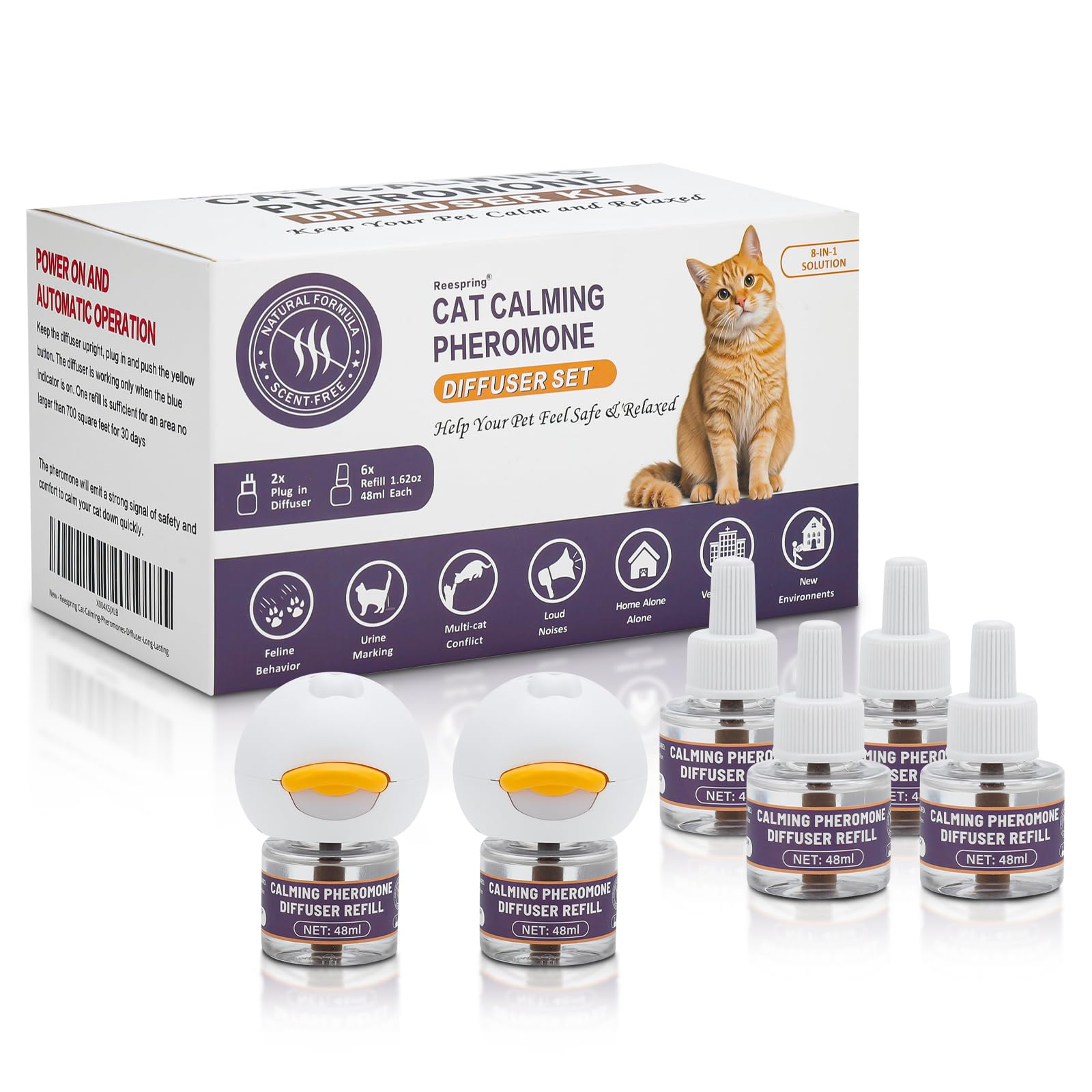 Reespring Cat Pheromones Calming Diffuser: Premium Pheromone Diffuser for Cats - Cat Pheromones Diffuser - Cat Calming Diffuser - Cat Calming Pheromone Diffuser (2 diffusers+ 6 Refills)