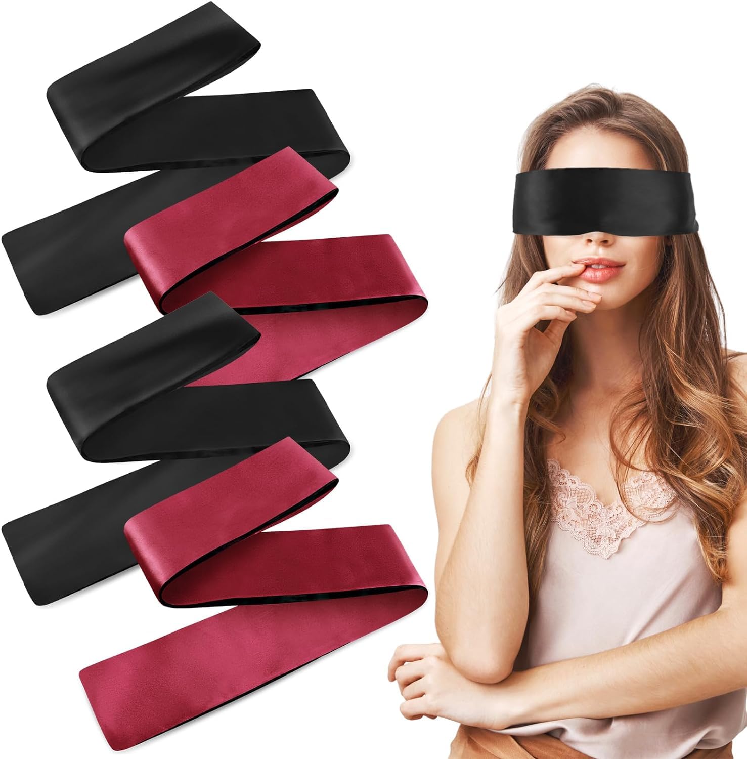 4 Piezas Sleeping Mask, Ajustable Eye Mask 150cm Satin Eye Mask Traveling Eye Mask Satin Eye Mask for Women, Men, Adults, Couples (Negro, Borgoña)