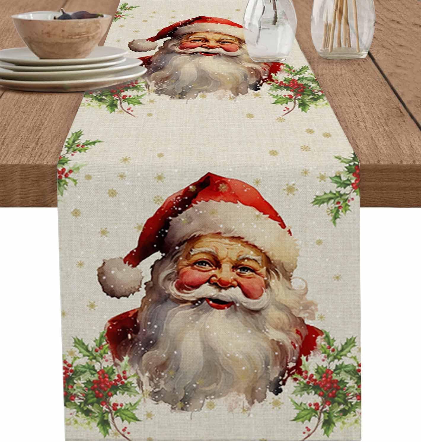Christmas Cotton and Linen Table Runner 13 x 70 Inch, Santa Claus Snowflake Holly Berry Xmas Dinning Table Runner for Farmhouse,Wedding, Party,Barbecue Table Decor
