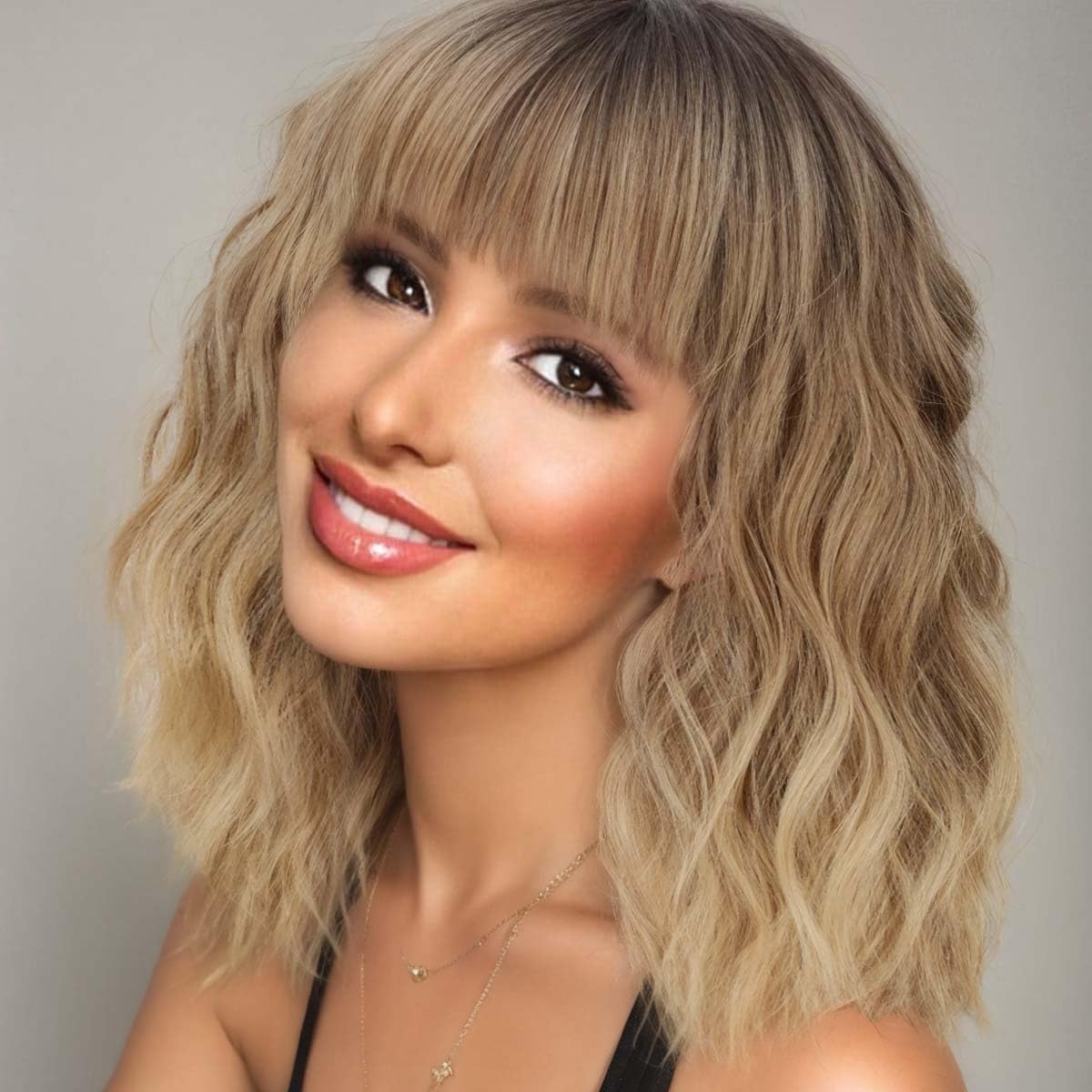 AISI HAIR Synthetic Wavy Curly Bob Wig with Bangs Ombre Blonde Mixed Wig Short Bob Wavy Hair Wigs for Women Synthetic Heat Resistant Bob Wigs