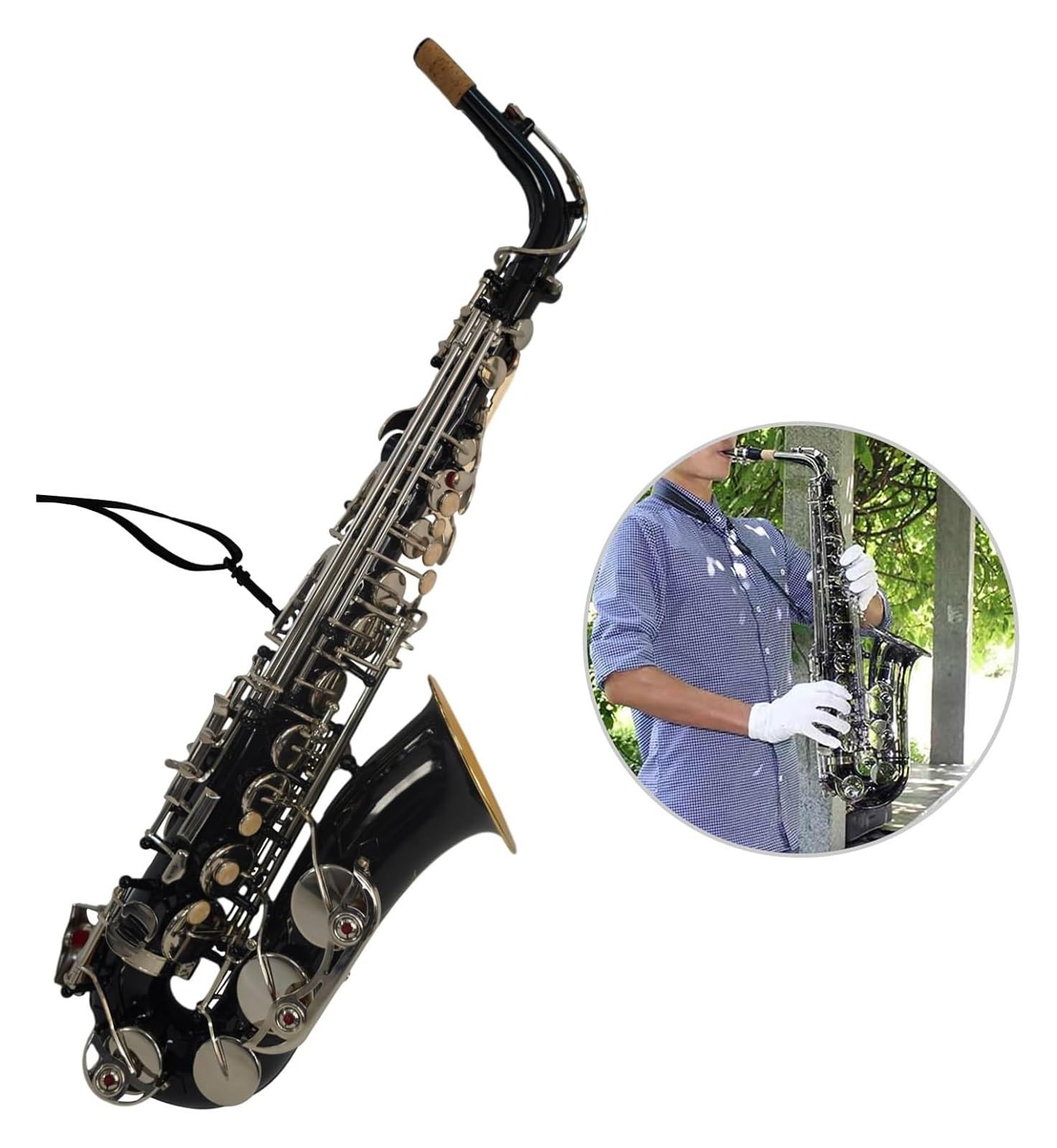 Przyciski muszli, instrumenty muzyczne, saksofon,Czarny Eb Alto Korpus z mosiądzu Białe klawisze muszli Instrument dęty drewniany z futerałem Rękawice Ściereczka do czyszczenia Szczotka Gryf,altowy,