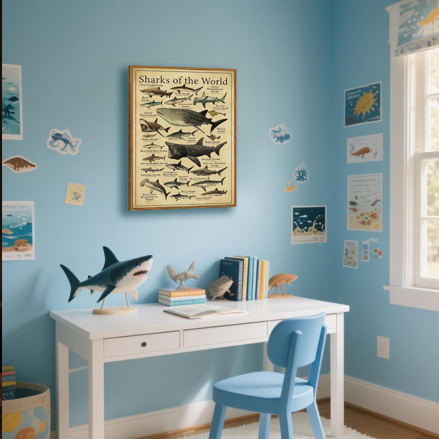 Framed Sharks Wall Art Educational Shark Poster Vintage Marine Biology Picture Nautical Sea Life Painting Ocean Animal Art Print for Kids Room Bathroom Classroom Office Décor 16x24 inch