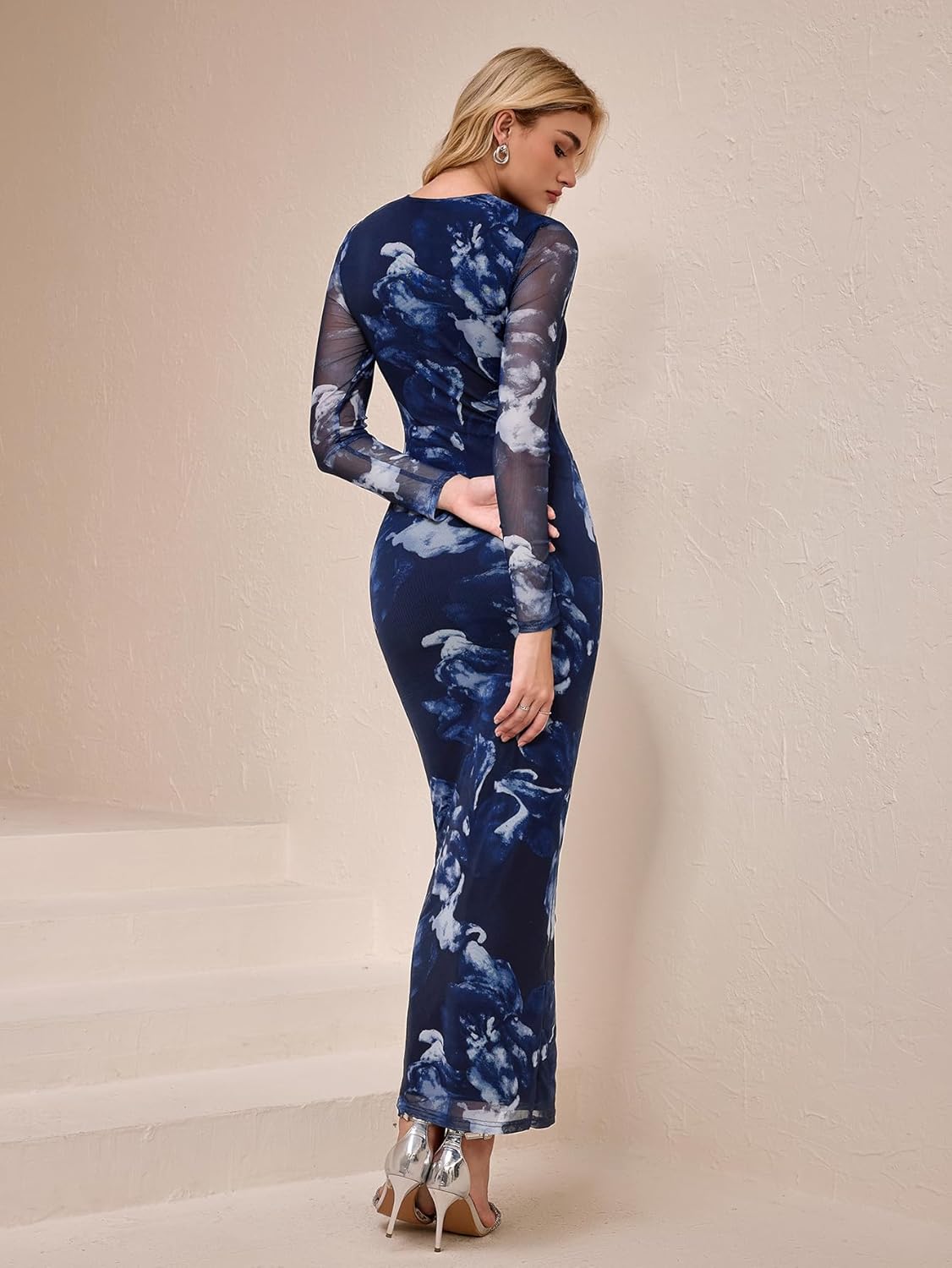 KUTUMAI Women Long Sleeve Floral Bodycon Maxi Dress 2025 Fall Elegant Mesh Formal Wedding Guest Cocktail Dresses - Image 3