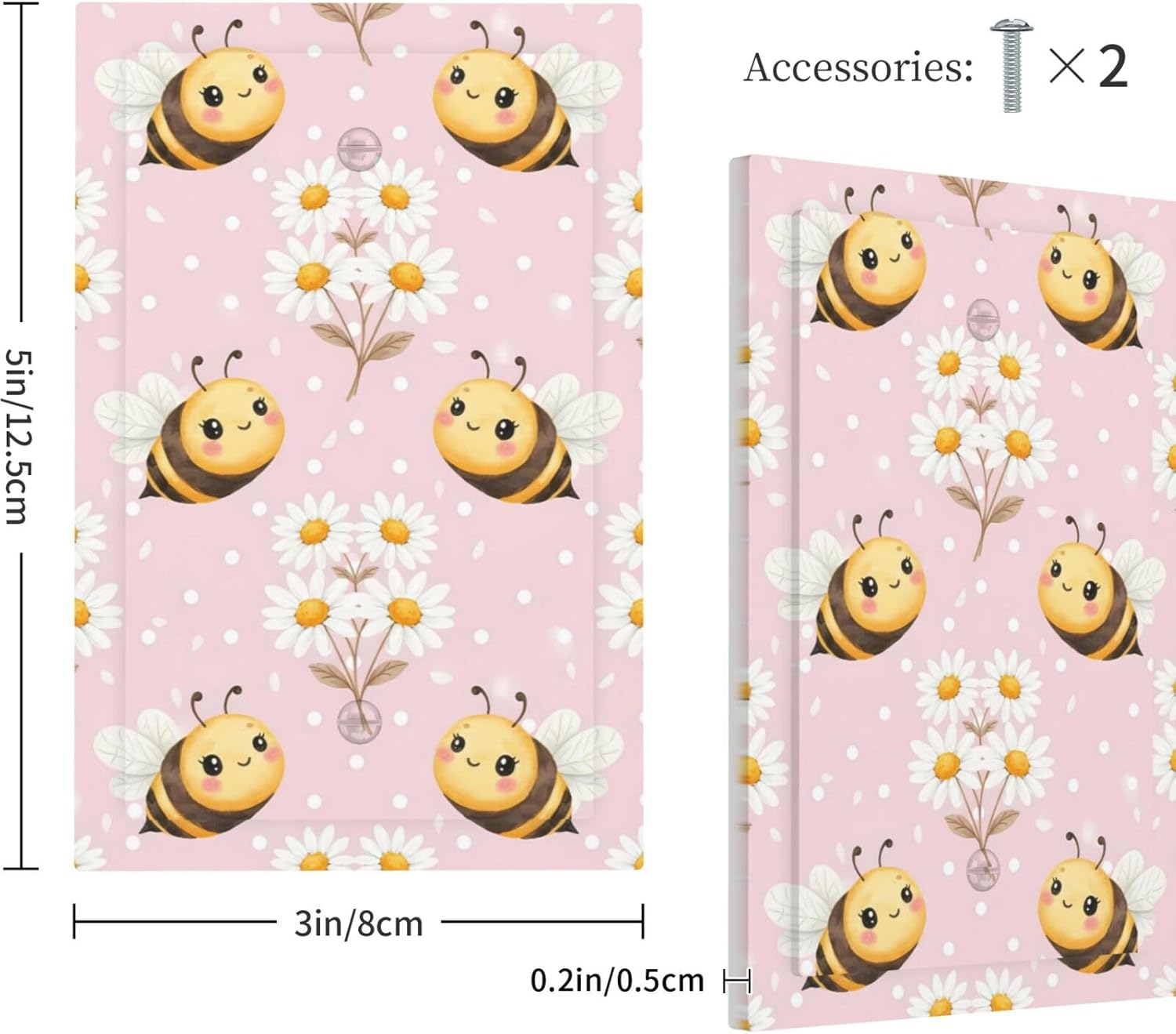 Light Switch Cover Watercolor Cute Bees White Daisy Pink Decorative Switch Plates 1 Gang Blank No Device Outlet Covers Electrical Wall Plates For Bathroom Bedroom Decor