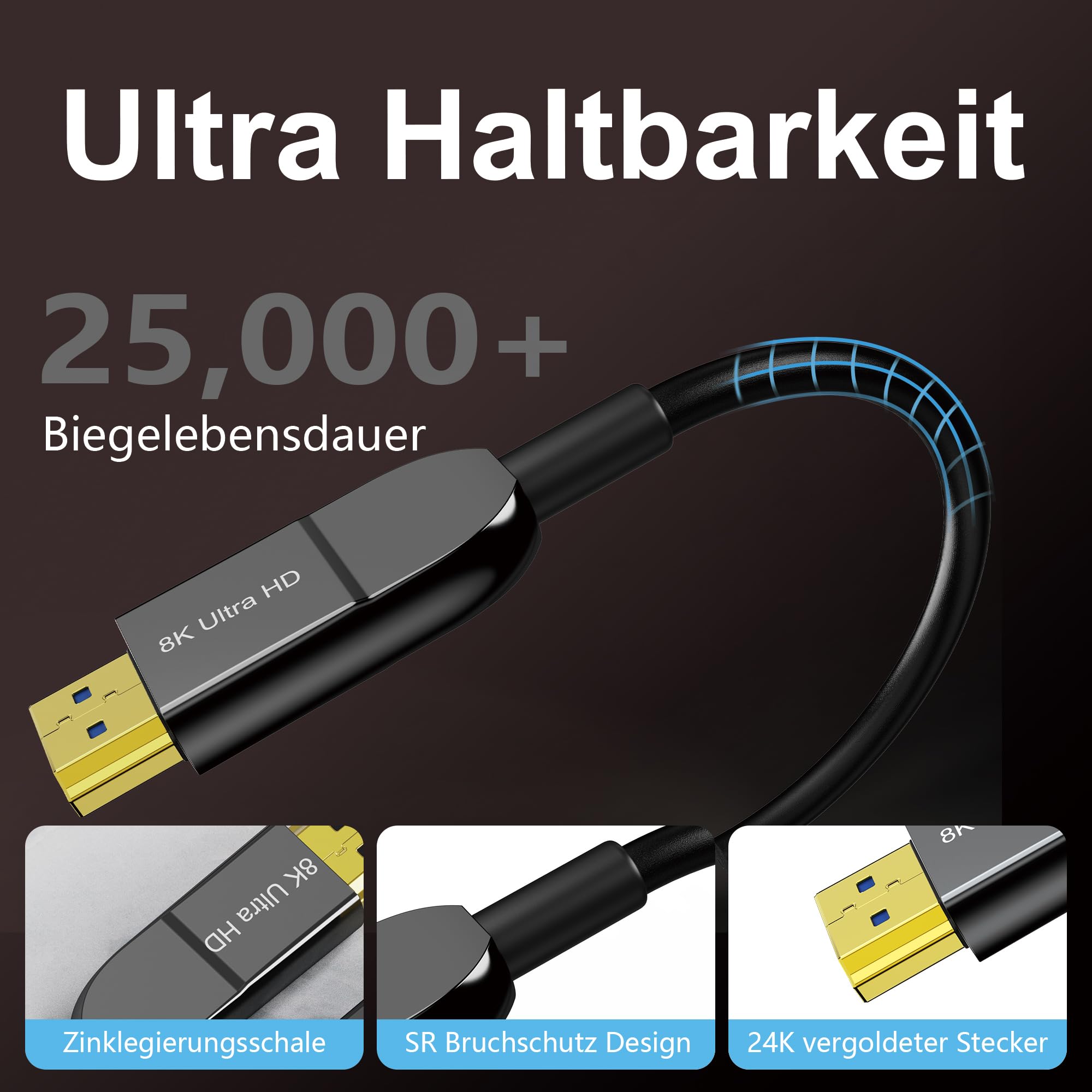 8K Glasfaser HDMI Kabel 15Meter, Langes aktives HDMI 2.1 Kabel 48Gbps Ultra High Speed 8K@60Hz 4K@120Hz HDR10 eARC 3D HDCP 2.3 Kompatibel mit Laptop, Monitor, PS5, PS4, Xbox, HDTV
