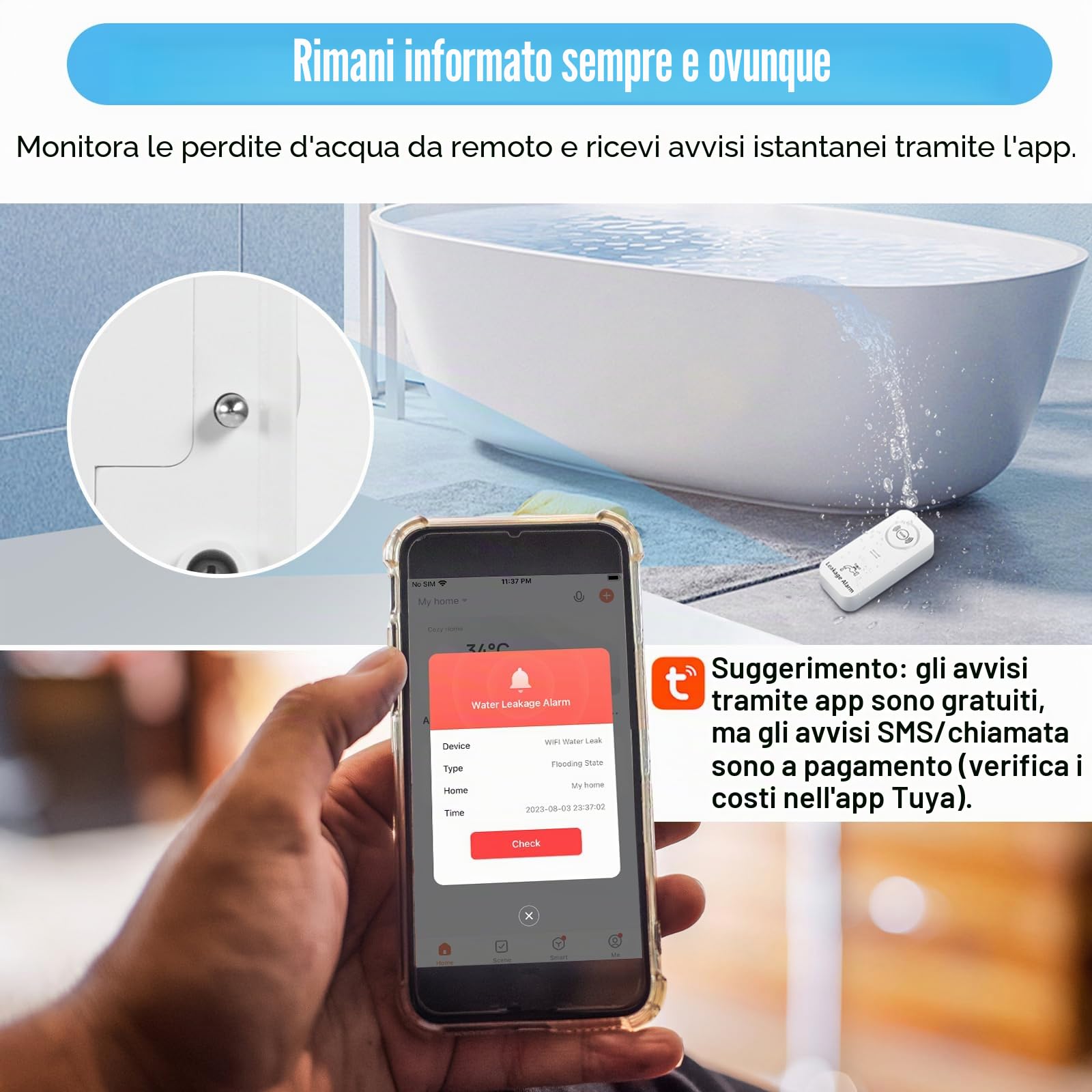 Wassermelder WLAN(2,4 G WiFi), 90 dB Wassersensor Alarm und App Alarm, kabelloser Wasseralarm, WiFi Wassermelder Wasseralarm für Rohre, Schlafzimmer, Küche, Badezimmer, Keller (5er-Pack)