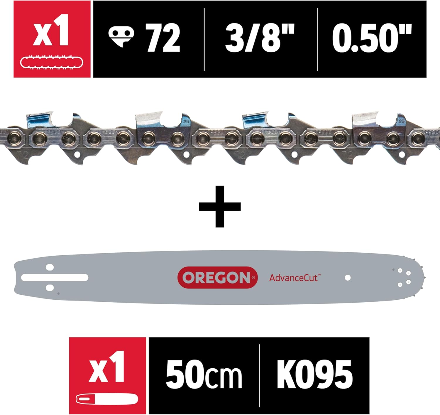 Oregon 584271 Chainsaw Guide Bar & Chain Combo, PowerCut Replacement Bar Length 20" (50cm) with Chain Set, 3/8" Pitch, 0.050" Gauge, 72 Drive Links