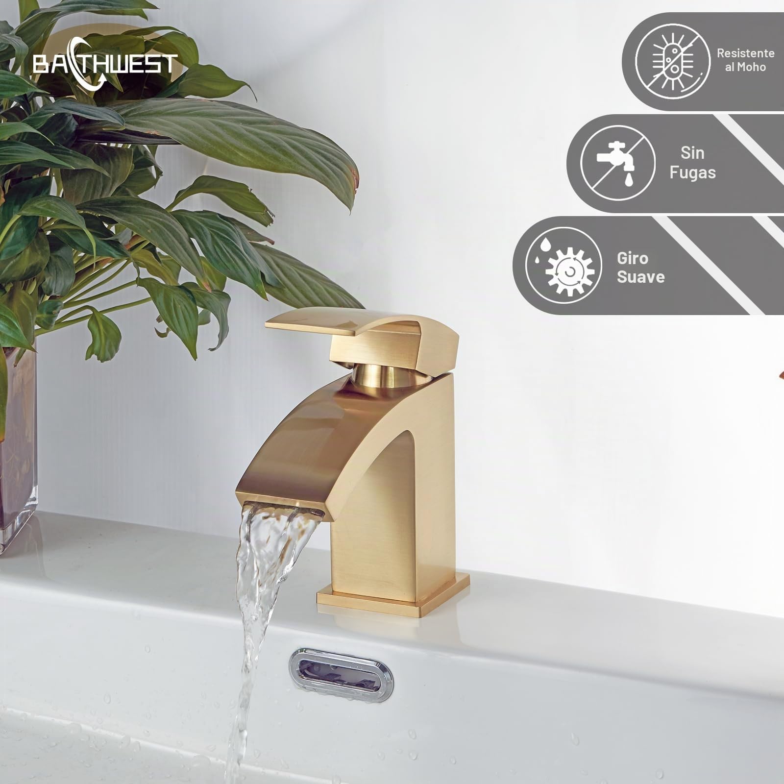 Grifos de lavabo de baño con desagüe, grifos cuadrados para lavabo con desagüe, grifos de baño monobloque de latón con tapón de fregadero 322NP (dorado, mediano)