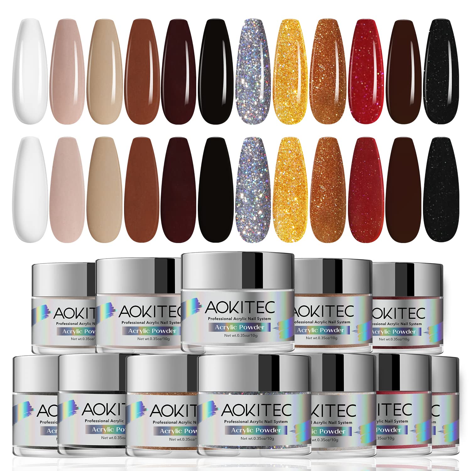 AOKITEC Acrylic Powder Set - 12 Colors Fall Winter Professional 3D Nail Carving Glitter Red Gold Orange for Halloween Thanksgiving Gifts