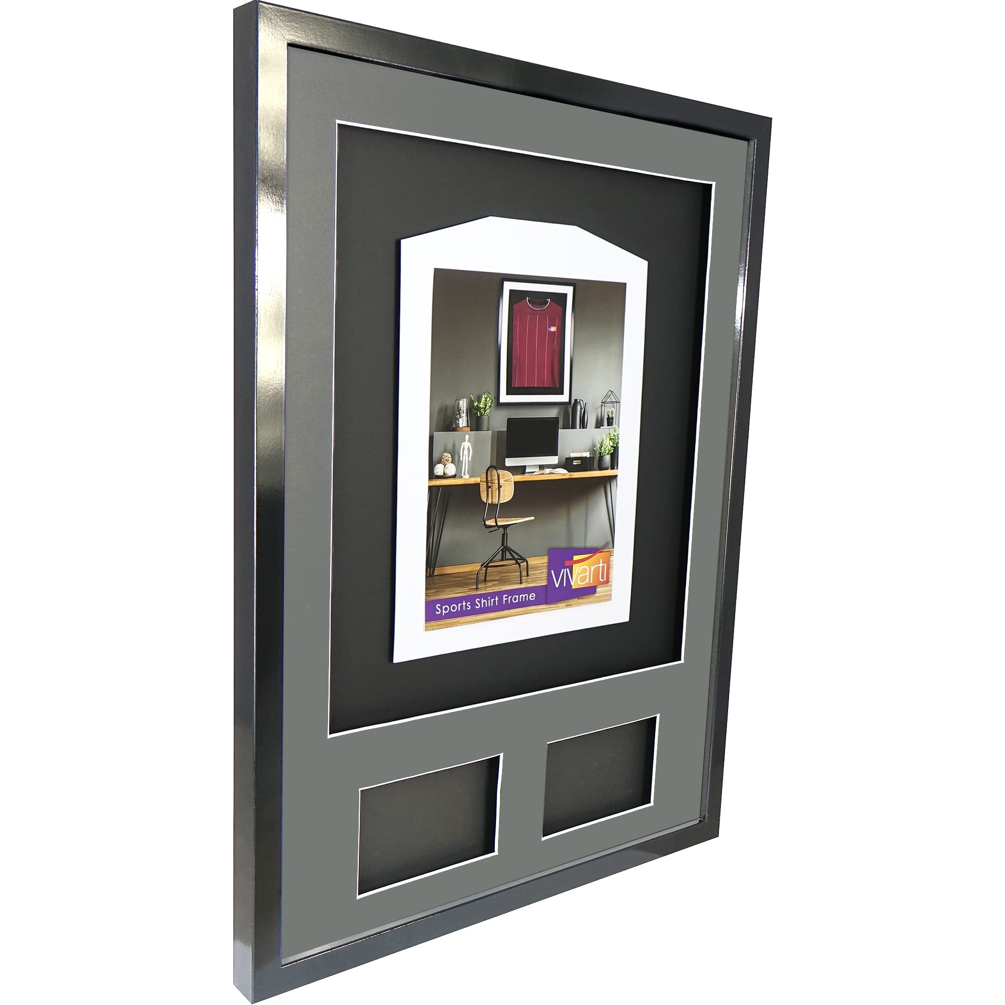 Vivarti Expositor de camisetas deportivas con doble apertura montada en 3D para bebés, 21.25 x 29 pulgadas, negro brillante, marco plateado