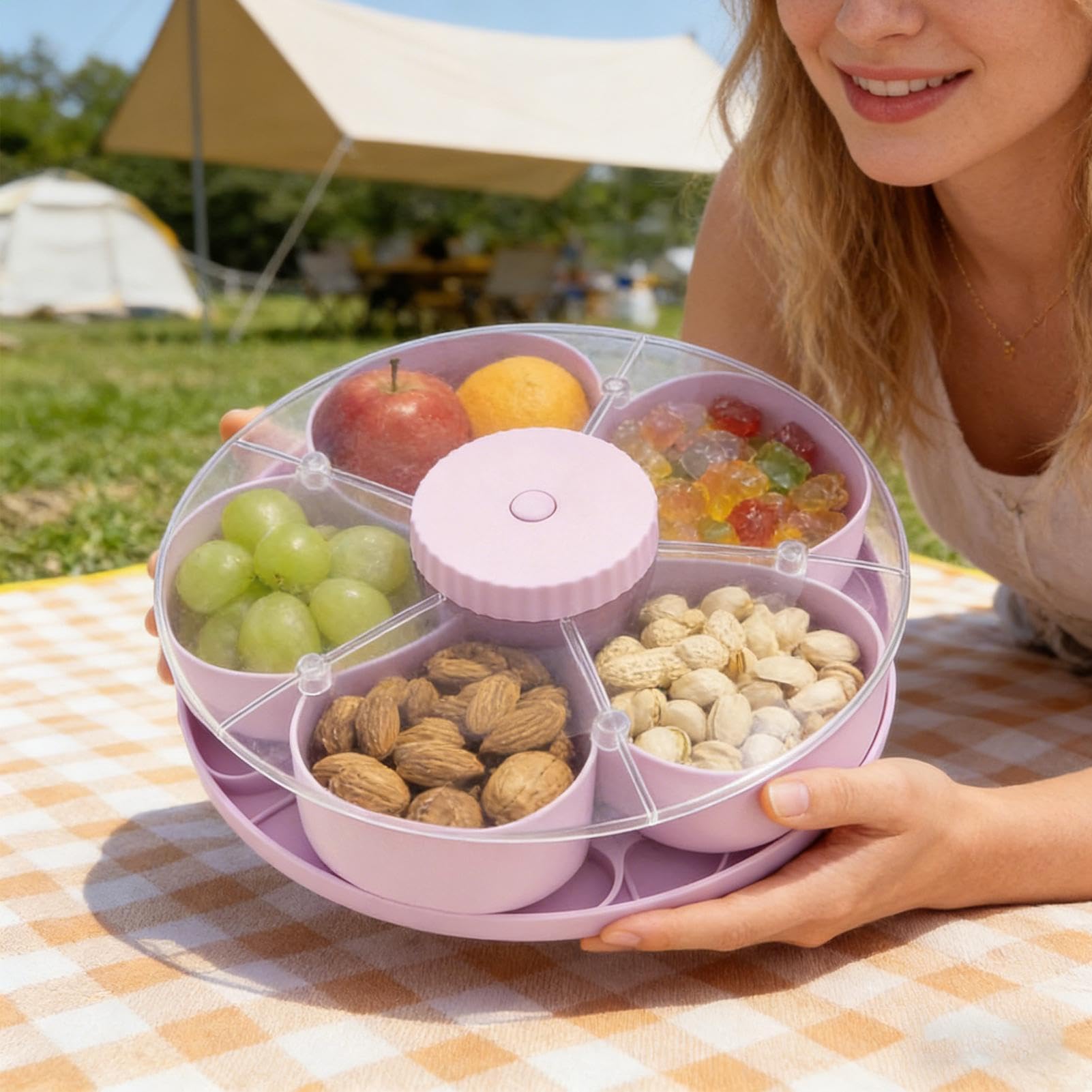 Contenedor De Aperitivos Giratorio Con Tapa Para Servir Ensalada De | Organizador De Snacks Con Compartimentos para Hogar Apartamento Comedor Salón Picnic Jardín Barbacoa Camping