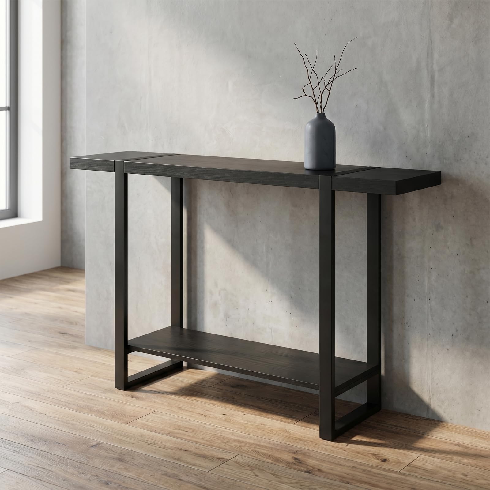 Wąski stół konsolowy z litego drewna z 2-poziomową półką przemysłowy dom wiejski stół do wejścia sofa stół dla Smals 140 cm dł. x 25 cm szer. x 100 cm wys