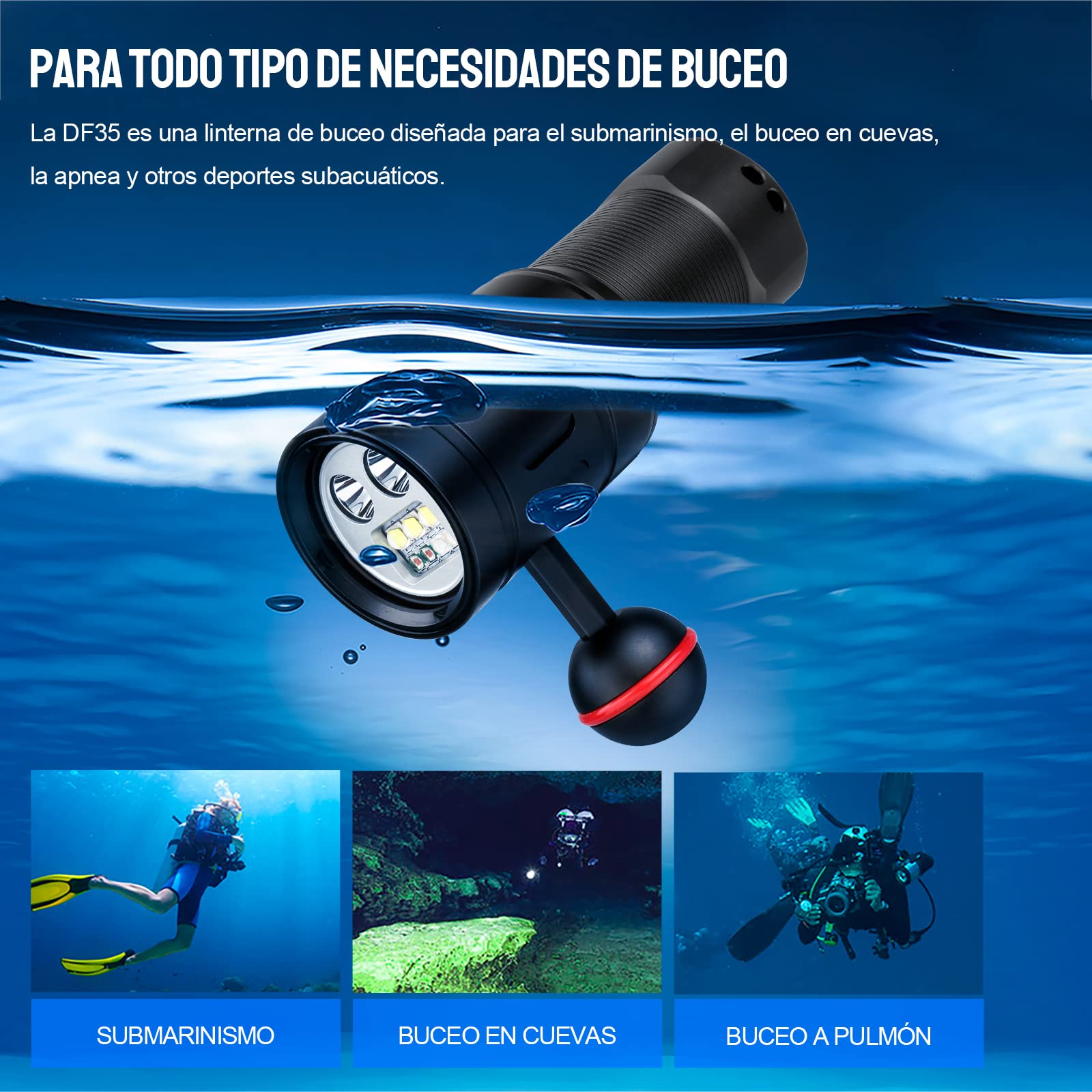TrustFire Linterna Buceo, DF35 Foco Buceo Recargable 2350 Lúmenes, Linterna Sumergible Profesional 70M Impermeable, 3 Diferentes de Iluminación（Luz de Blanca, UV, Roja) para cámara, fotografía