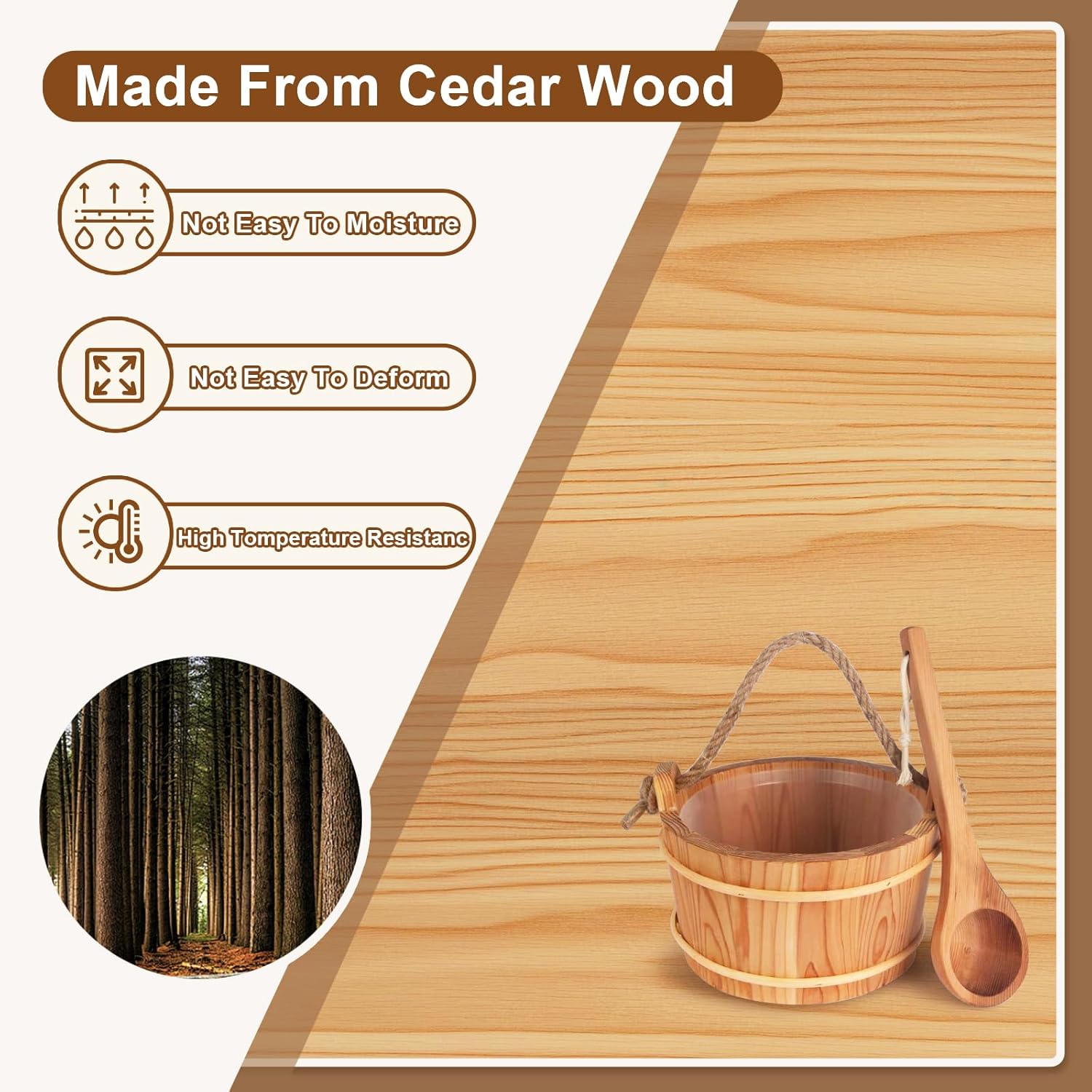 6L Wooden Sauna Bucket and Ladle Set, Handmade Cedar Sauna Bucket with Rope Handle,Natural Cedar