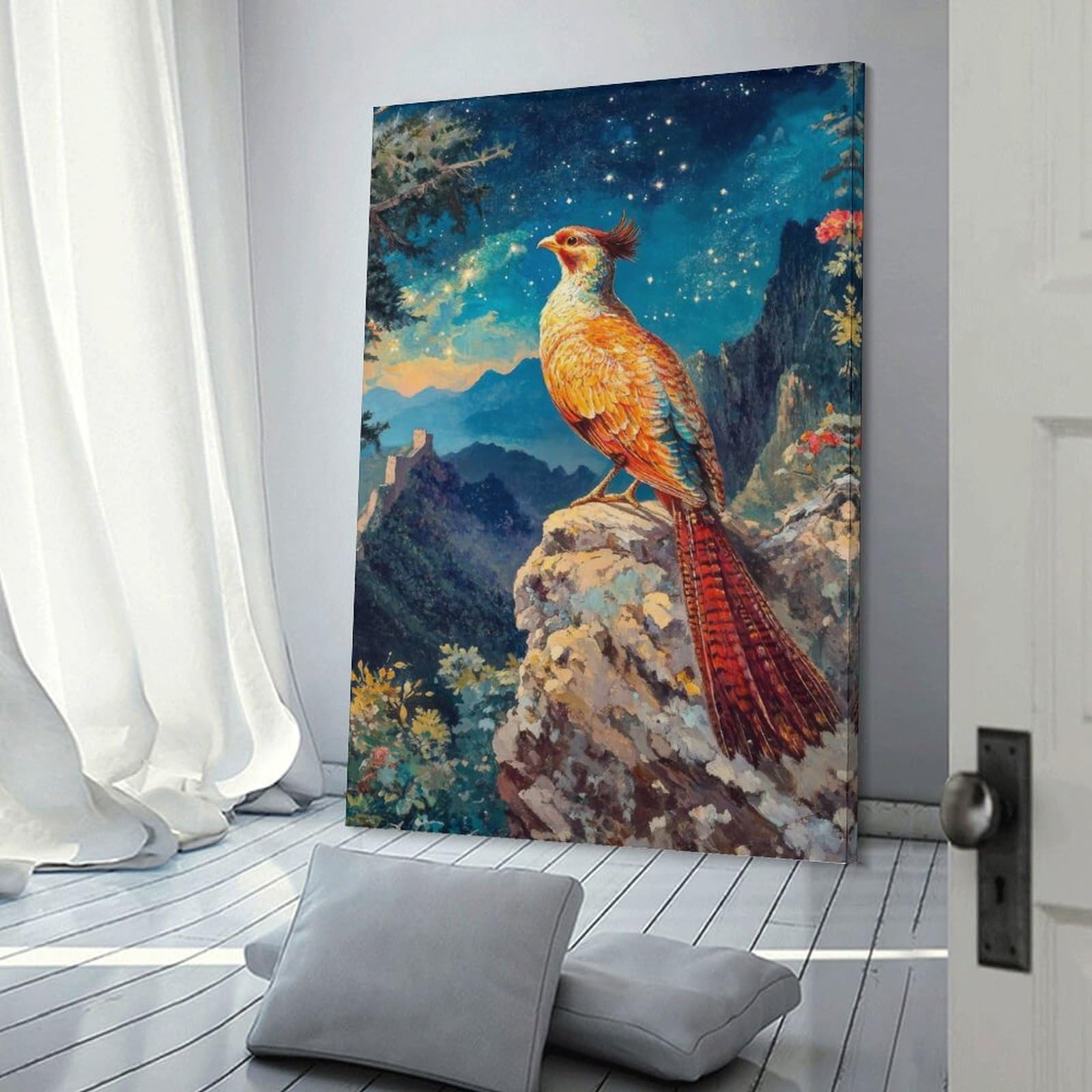 Junmoney Frame-Style-23 Golden Pheasant Under Stars Decorative Canvas Print, 16X24inch(40X60cm), For Home, Office, Studio Or Guest Room, Versatile Wall Decor For Many Rooms
