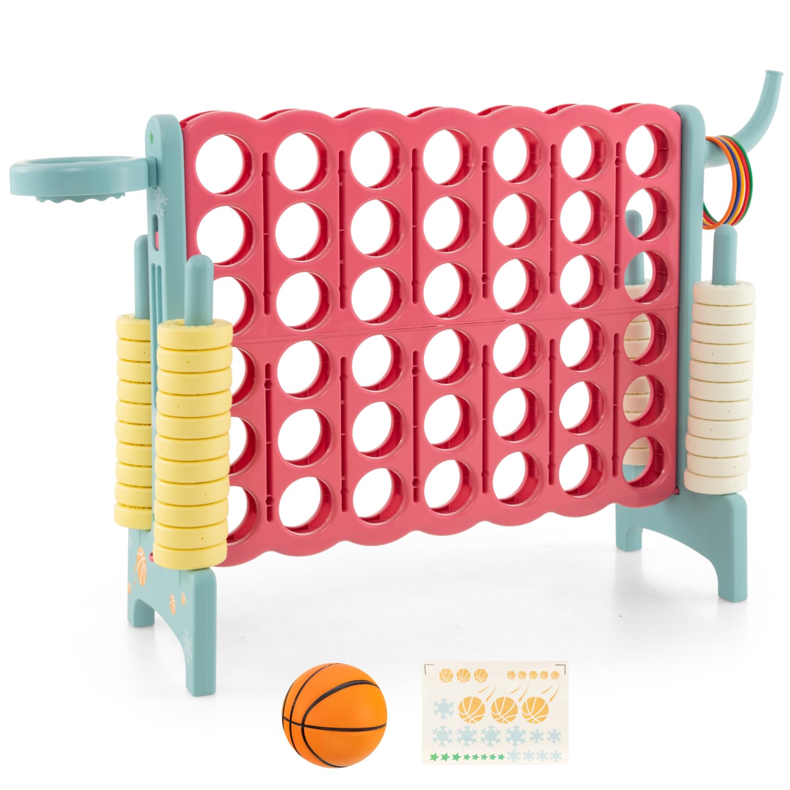 GYMAX Giant Connect 4 Game, Jumbo Four in a Row Games with 42 Rings, Basketball Hoop, RingGame, 5 Toss Rings, Basketball&Quick-Release Slider, Garden 4 to Score Game for Kids Adults (Blue+Pink) — image 1