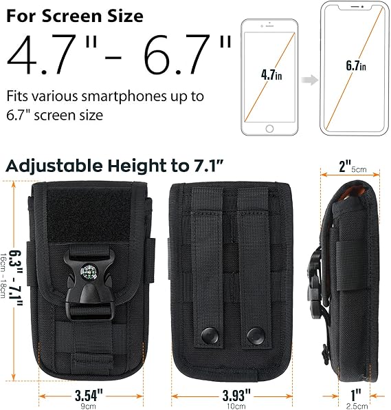 WYNEX Tactical Molle Phone Pouch with Compass Buckle, Tactical Phone Holster Molle Cell Phone Pouch Universal Belt Waist Bag for IP 15/14/13 Pro Max / S22/S21 with US Patch & Paracord Keyring Clip