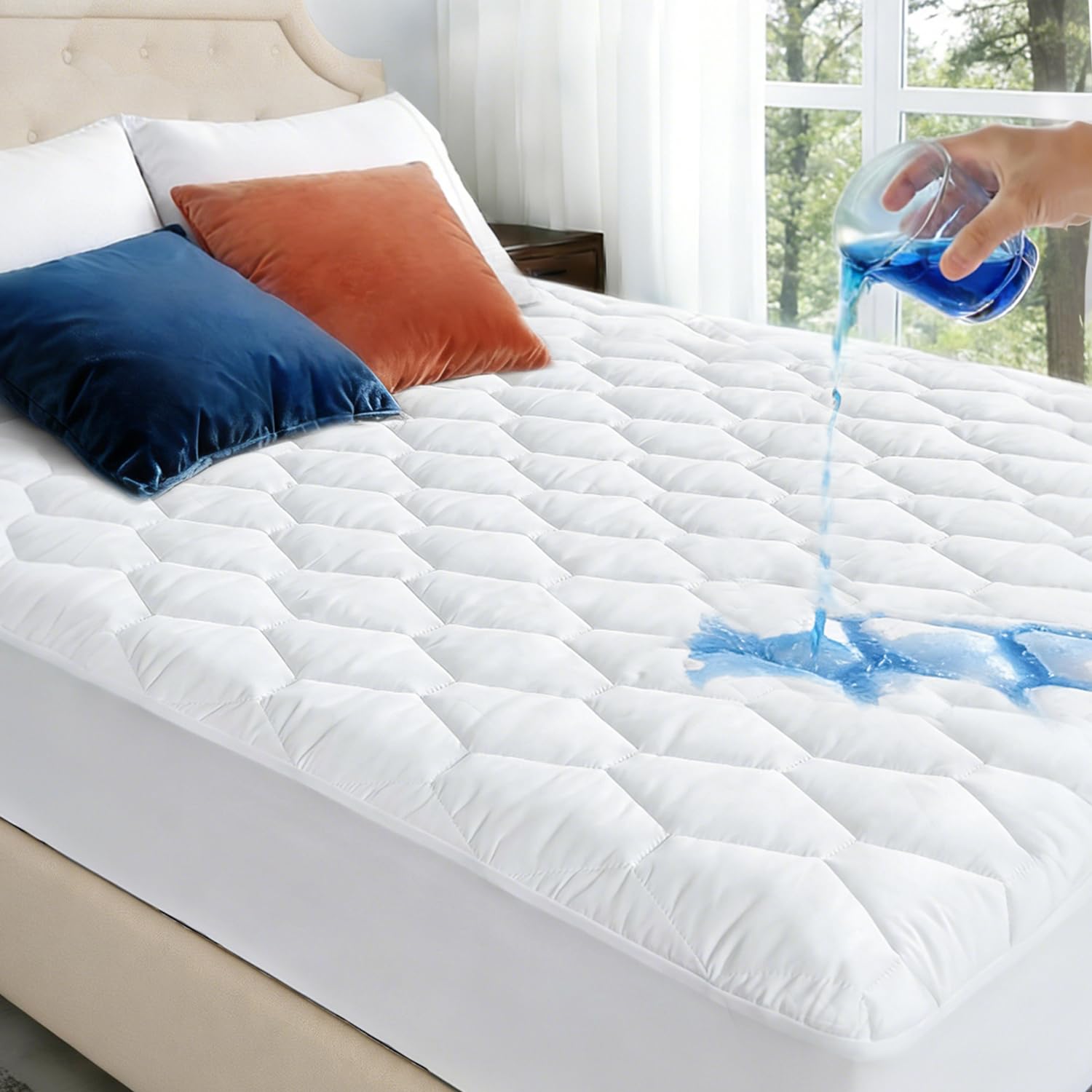 Full Size Mattress Protector Waterproof - Washable Mattress Padded Cover Fitted Bed Protection Noiseless Plastic Bed Pad Deep