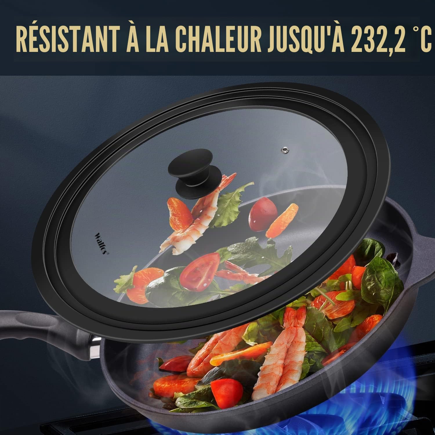 Walfos Couvercle universel pour casseroles, poêles et poêles – Convient aux ustensiles de cuisine de 33 cm, 36 cm et 38 cm de diamètre – Couvercle en verre avec bord en silicone résistant à la chaleur