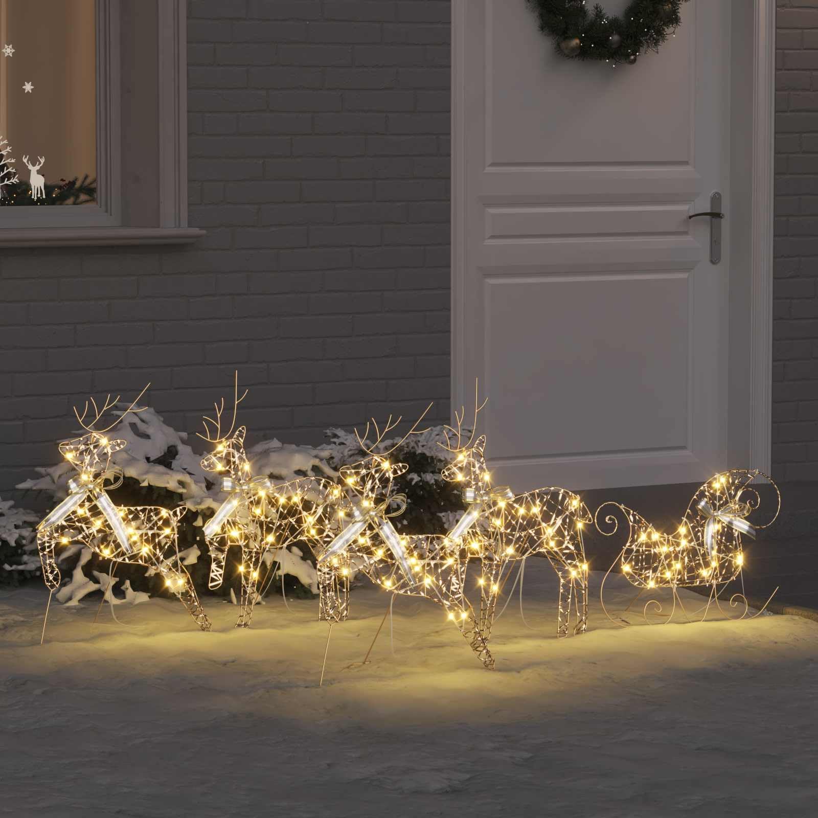 LED Rentiere mit 40 LEDs, 5-teiliges Set aus Gold PET, 44 x 18 x 65,5 cm, USB betrieben, Weihnachtsbaumschmuck und festliche Dekoration für Innen und geschützte Außenbereiche, Art-Deco Stil