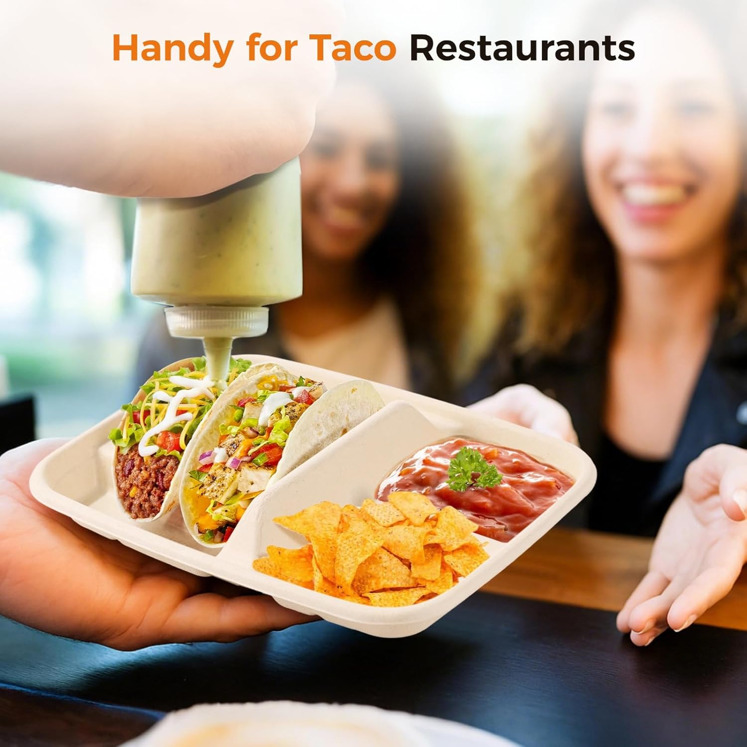 100 PCS Taco Plates Disposable, Bagasse Pulp 2-Slot Taco holder with Side Compartments, Safe Plant Fiber Tray for Taco Tuesday, Party, Sandwich, Hot Dog, Sauce & Snack Serving (100Pcs)