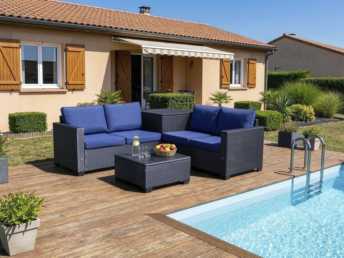 Salon de Jardin en résine tressée avec Coffre de Rangement Riley - 4 Places - Bleu foncé