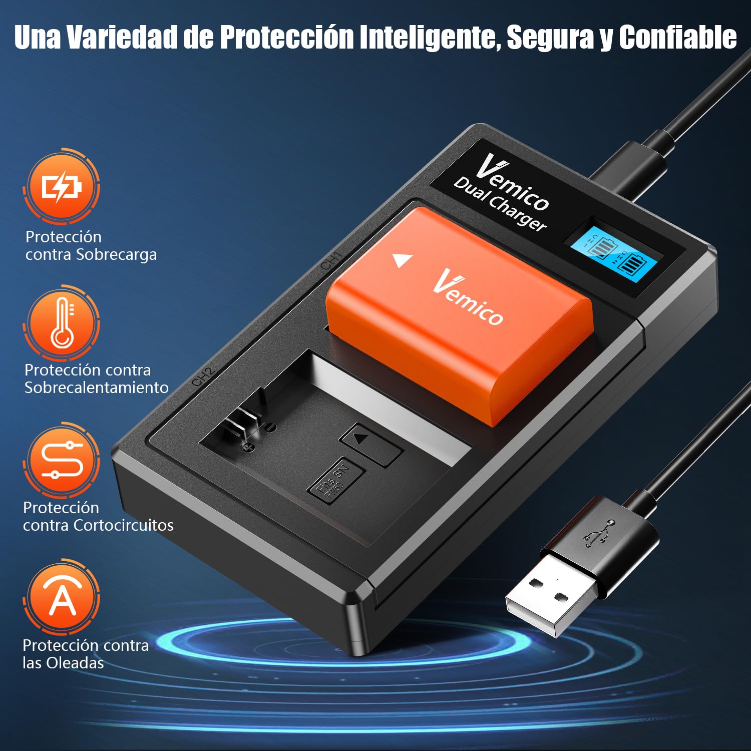 Vemico NP-FW50 Batería de Cargador Kit 2x1200mAh Batería de Repuesto con LCD Doble Tipo-C Cargador para ZV-E10 Alpha 7 7ii 6500 6400 6300 6000 5100 NEX-7 NEX-6 NEX-F3 NEX-3 NEX-5 SLT A55V