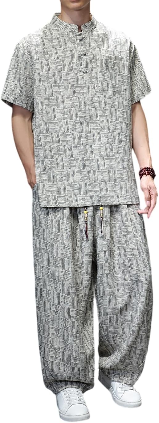 Men's Ice Silk Tang Suit Set Stand Collar Half Sleeve Top and Pants Lightweight Casual 2 Piece Outfit