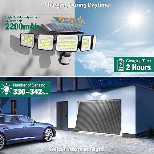 Miniatura 6 de Luces solares de 4000LM para exteriores, 5 cabezales ajustables, luces solares con sensor de movimiento, 236 LED, 3 modos de brillo, luces de pared