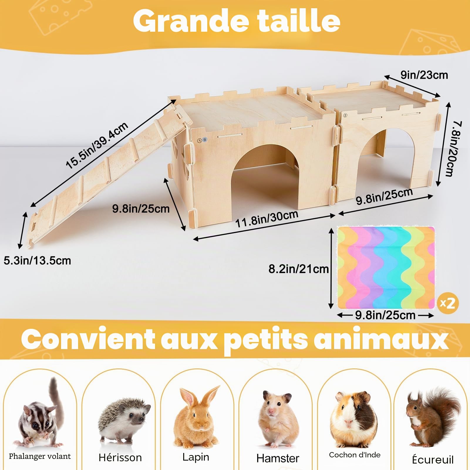 Cabane en Bois pour Cochons d’Inde, Maison Cachette pour Petits Animaux avec Rampe, Plusieurs Portes et Fenêtres, Accessoire pour Hamsters et Autres Petits Animaux