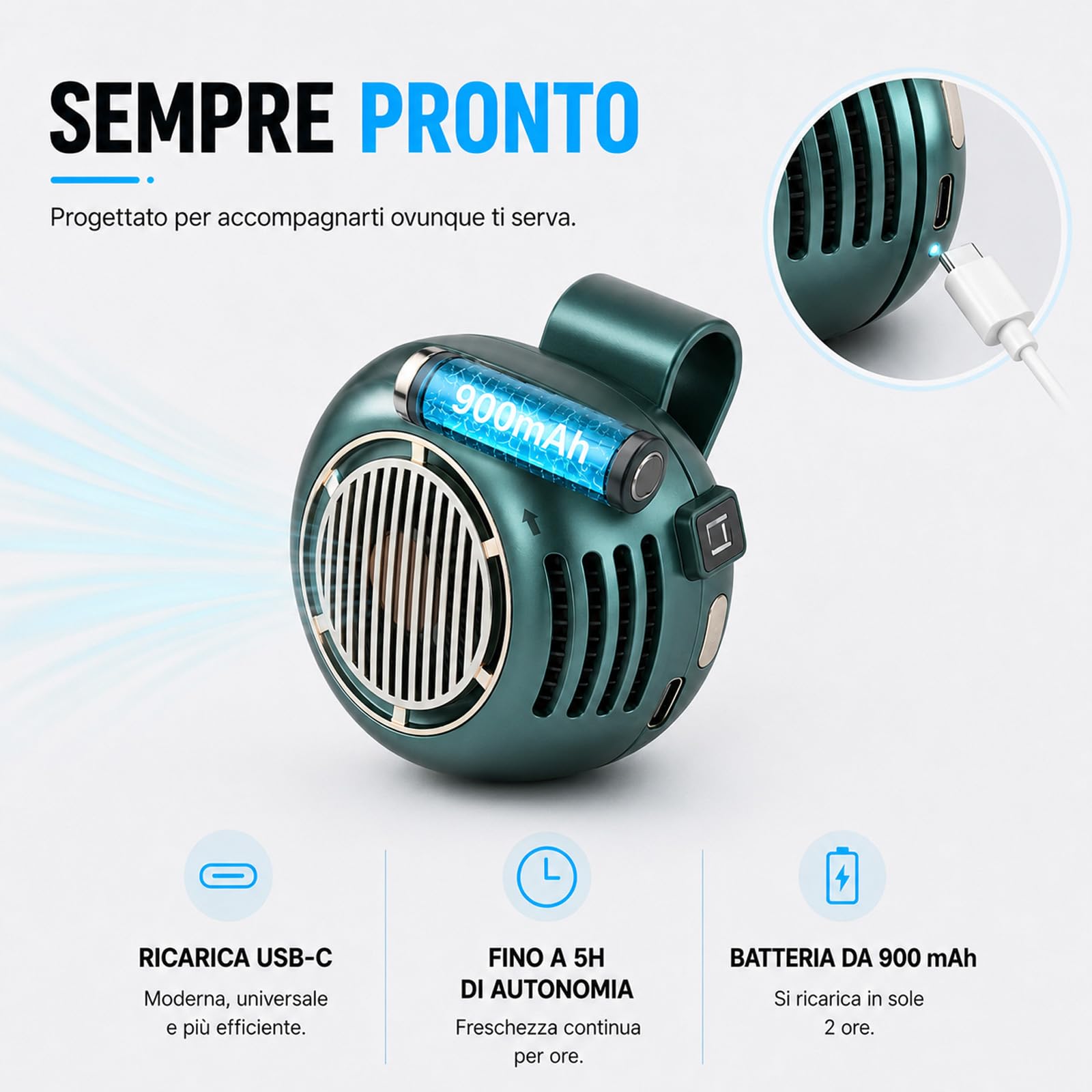 Bryzy Air Mini Ventilatore Portatile, Direzione Del Flusso D'aria Regolabile A 360°, Può Essere Agganciato Alla Cintura O Al Collo, Ideale Per Le Attività All'aperto E I Viaggi (Verde)