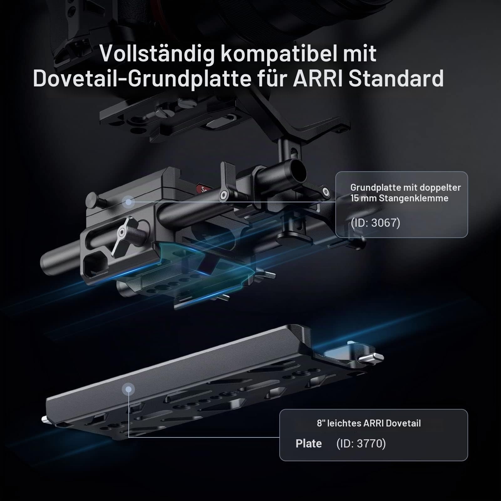 SMALLRIG 8" Dovetail Plate für ARRI Lightweight mit Sicherheitsdesign zum Anbringen von Kit, Grundplatte mit maximaler Belastung von 20 kg, Käseplatte oder Baseplate - 3770