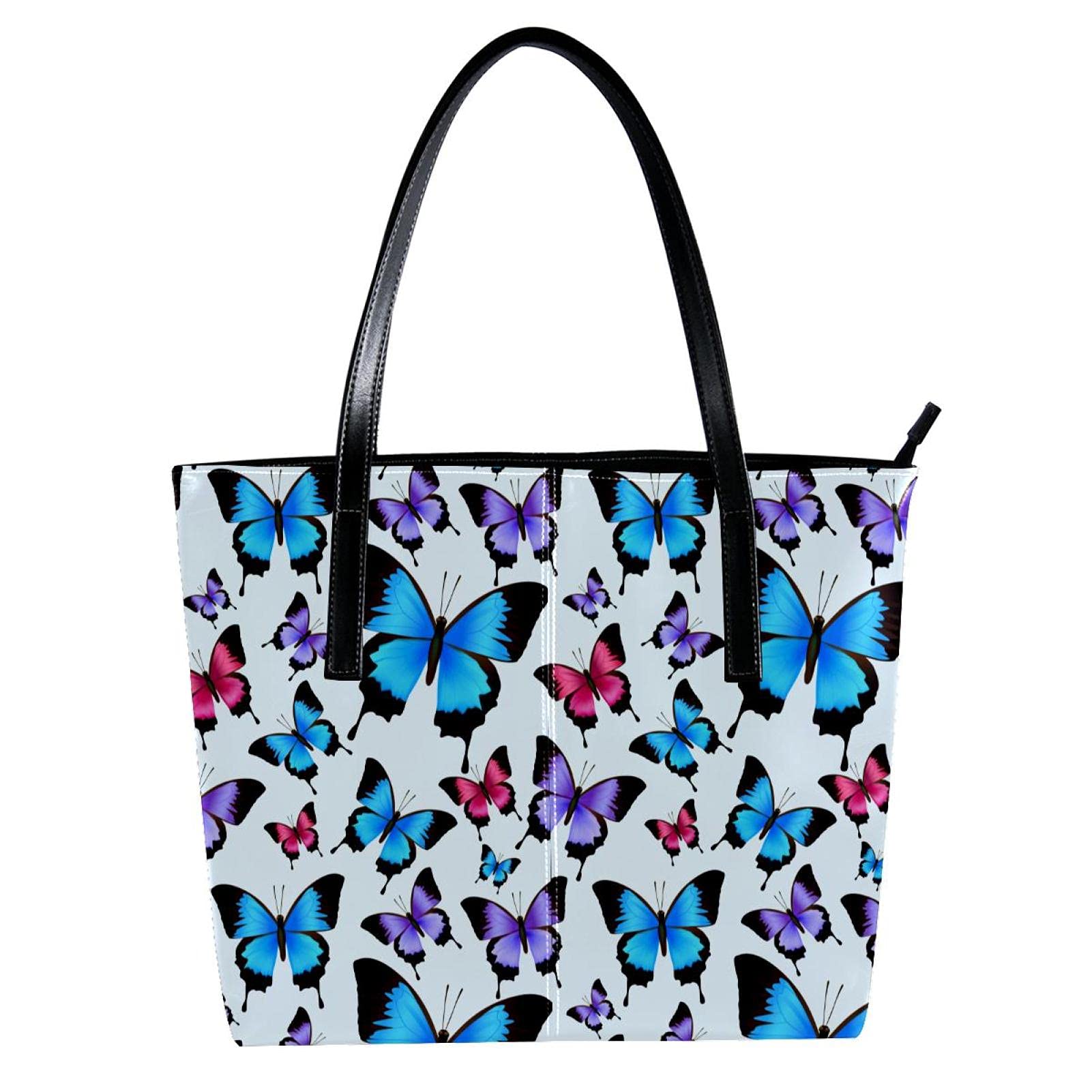 Bolso de mano de piel sintética con patrón de mariposas y mariposas en color azul, morado y rosa, Varios colores