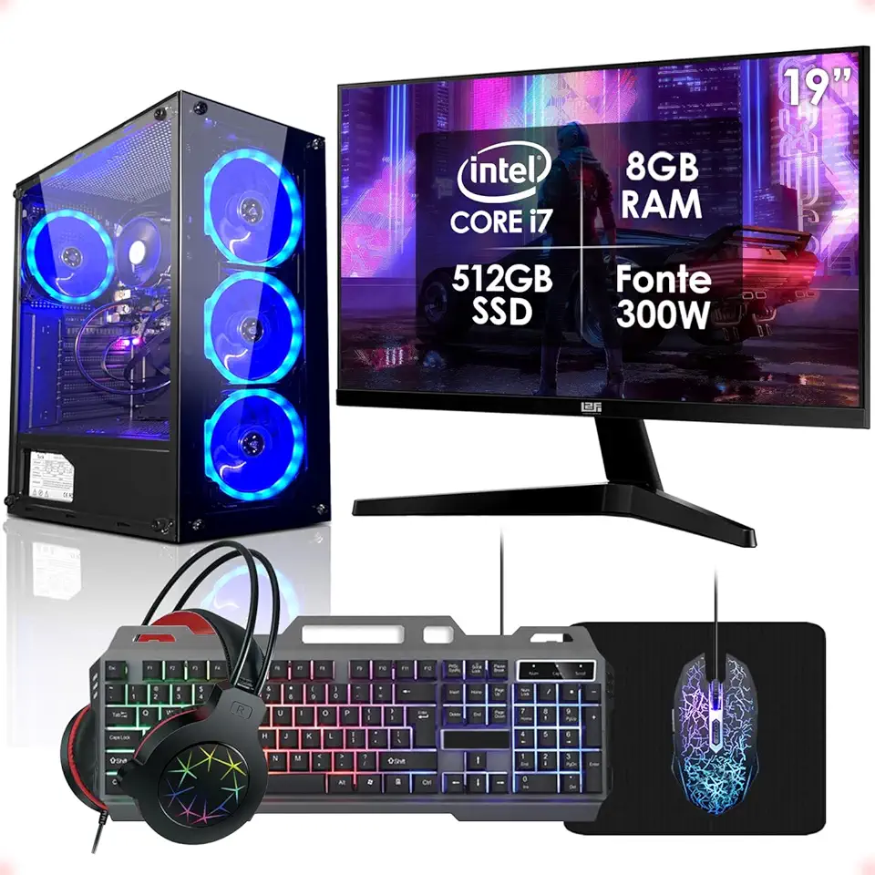 PC Gamer Completo Intel Core i7 8GB SSD 512GB Monitor 19" Fonte 300W Kit Gamer Strong Tech
