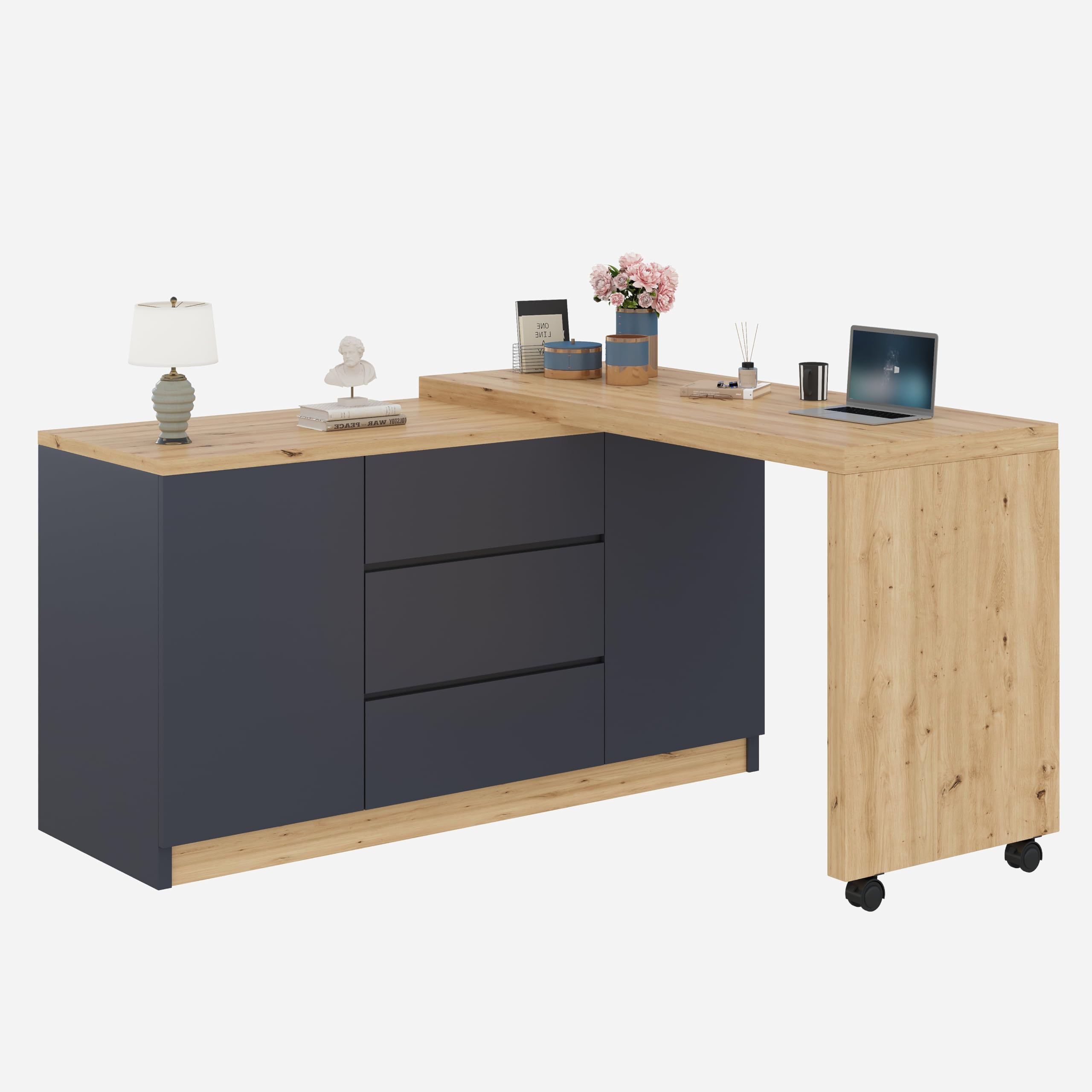 Scrivania con ruote bloccabili, design multifunzionale, 4 cm di spessore, piano girevole bloccabile, scrivania pieghevole, scrivania angolare, credenza (grigio + rovere)