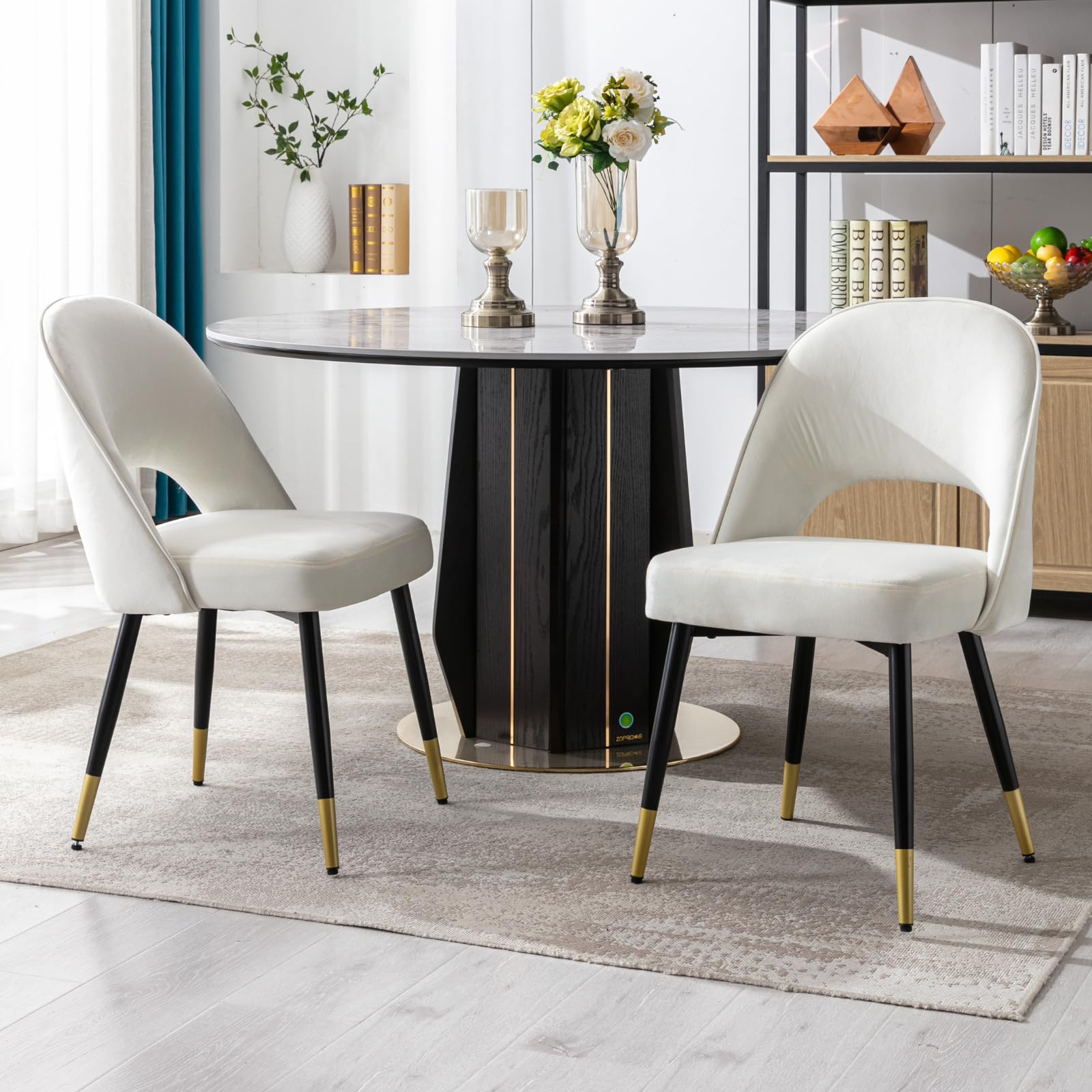 Set of 2 Velvet Dining Chairs with Hollow Back Modern Kitchen Chairs, Living Room Chairs with Metal Legs for Home/Restaurant (Black) — view 16