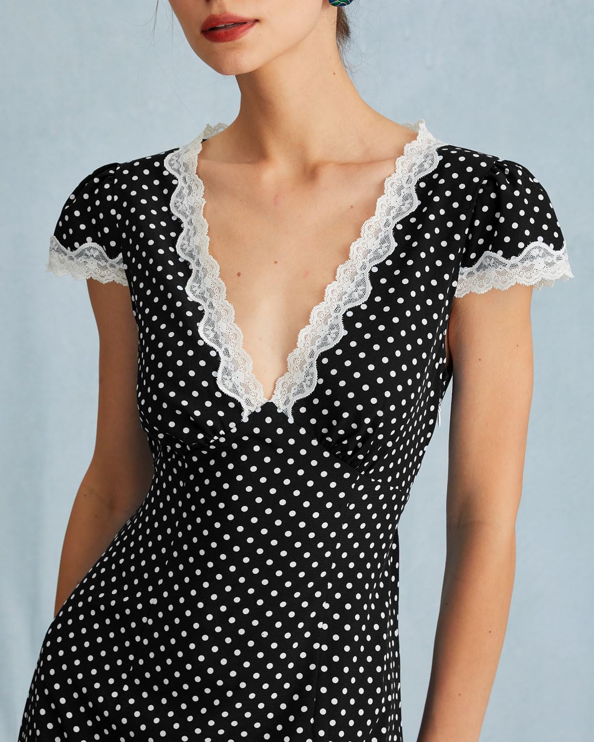 Women Summer Dresses Deep V Neck Polka Dot Prined Splice Lace Dress Elegant Cotton for Party - Image 2