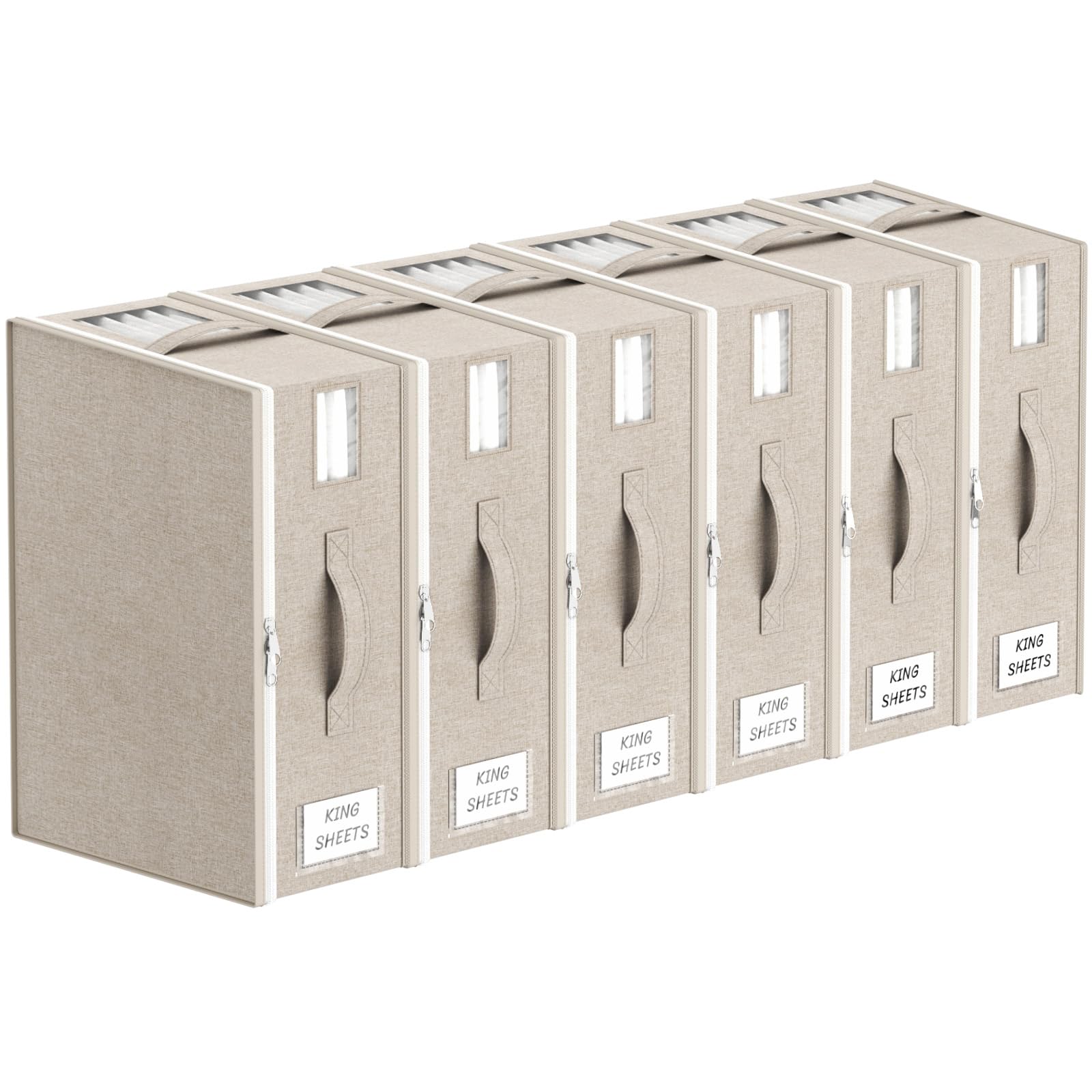 Lifewit 6 Stück Faltbare Aufbewahrungstasche für Bettwäsche, Aufbewahrungsbox mit 2 Sichtfenstern und 1 Etikett, 40 × 30 × 15 cm Organizer für Bettbezüge, Decken (Beige)