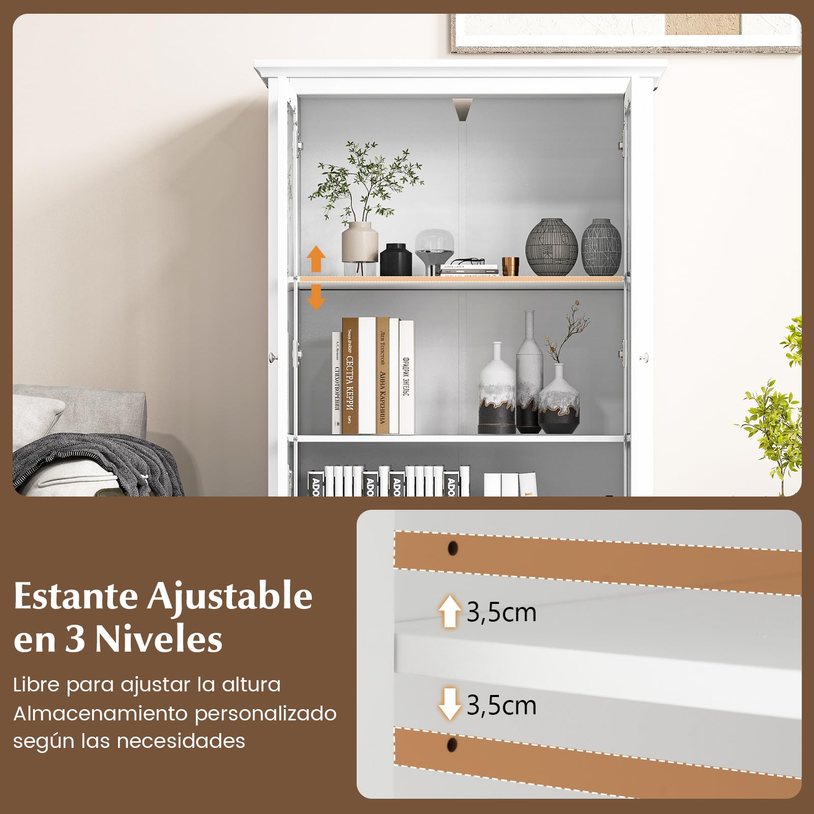 COSTWAY Vitrinas para Salon, Libreria con Puertas de Vidrio Templado, 3 Estantes Ajustables, 1 Cajón, Aparador Salon Cocina Oficina, Blanco, 80 x 40 x 139 cm