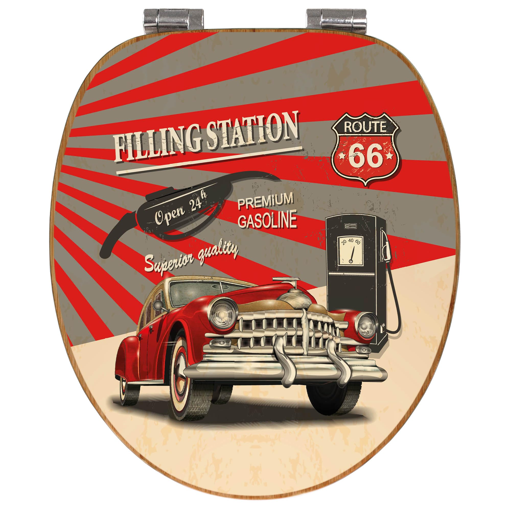banjado Design WC Sitz Bambus Absenkautomatik 45,8x37,5cm - Toilettendeckel mit Absenkautomatik Holz - hochwertiger Bambus Klodeckel - WC-Sitz für gängigen Toiletten - Motiv Filling Station
